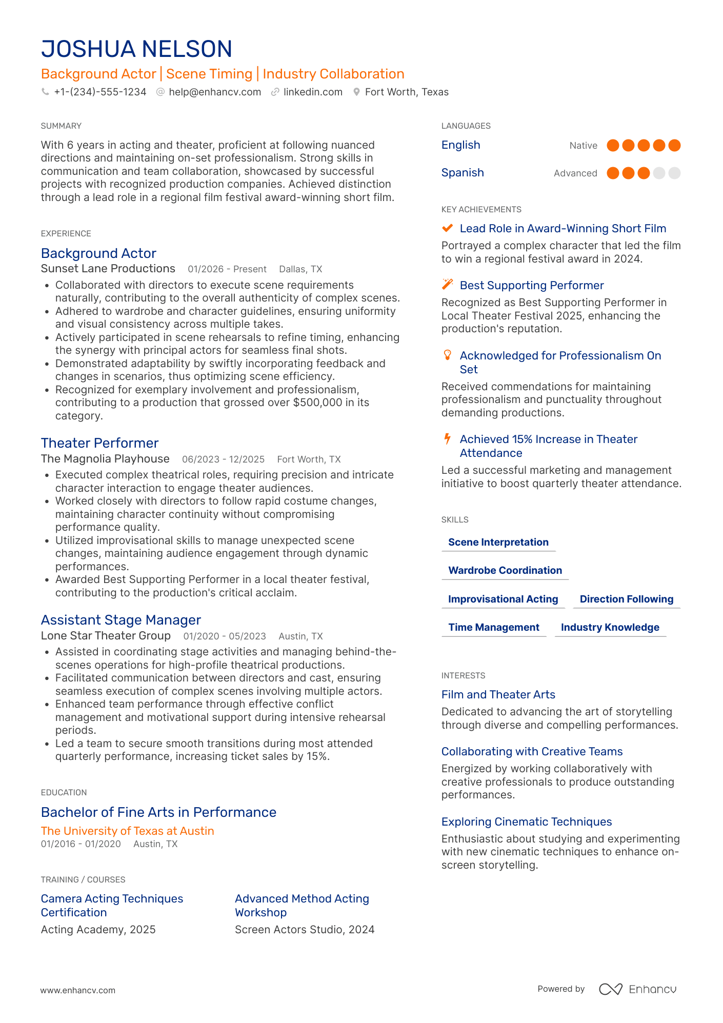 A resume example of a Background Actor