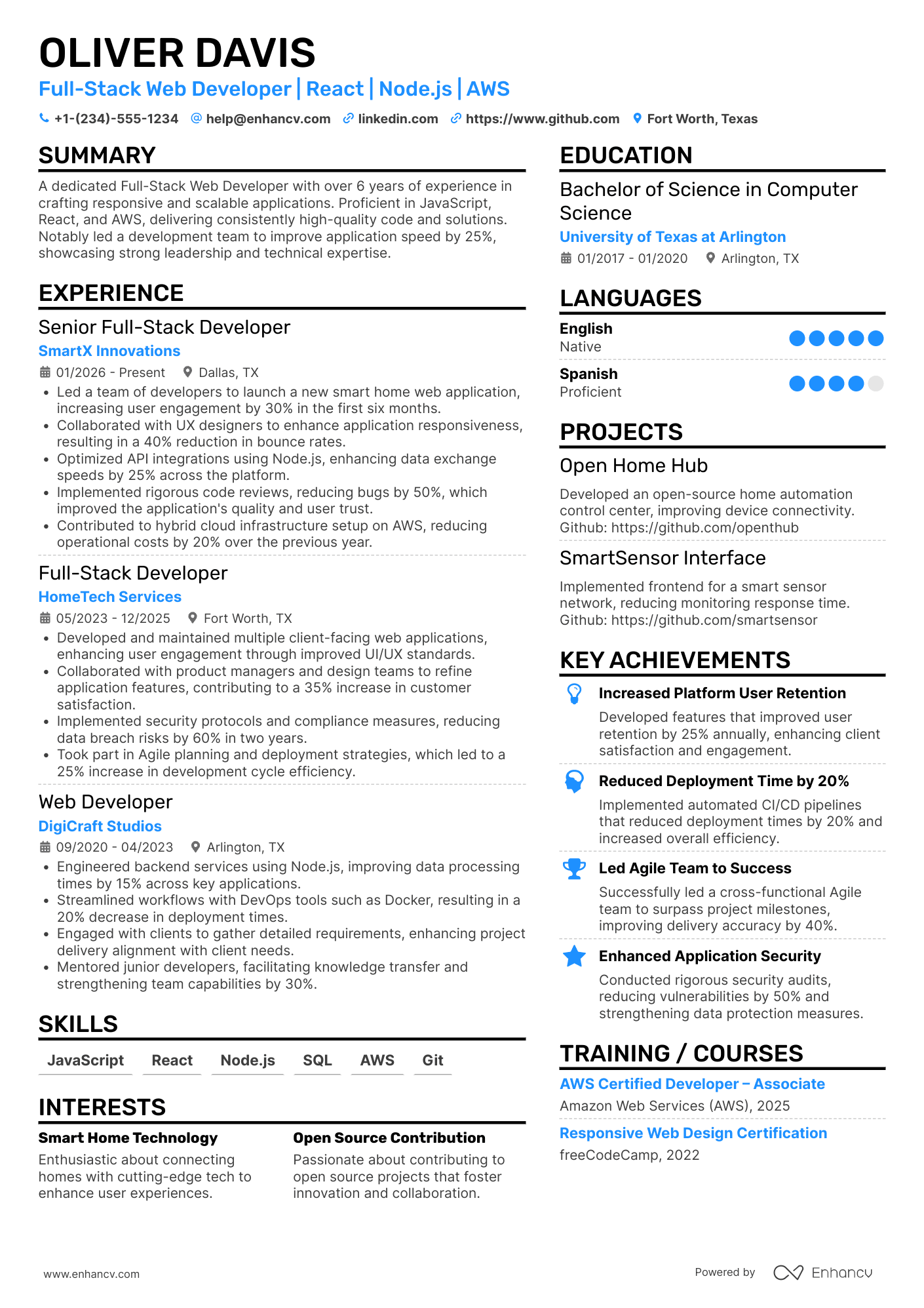 A resume example of a Full Stack Web Developer