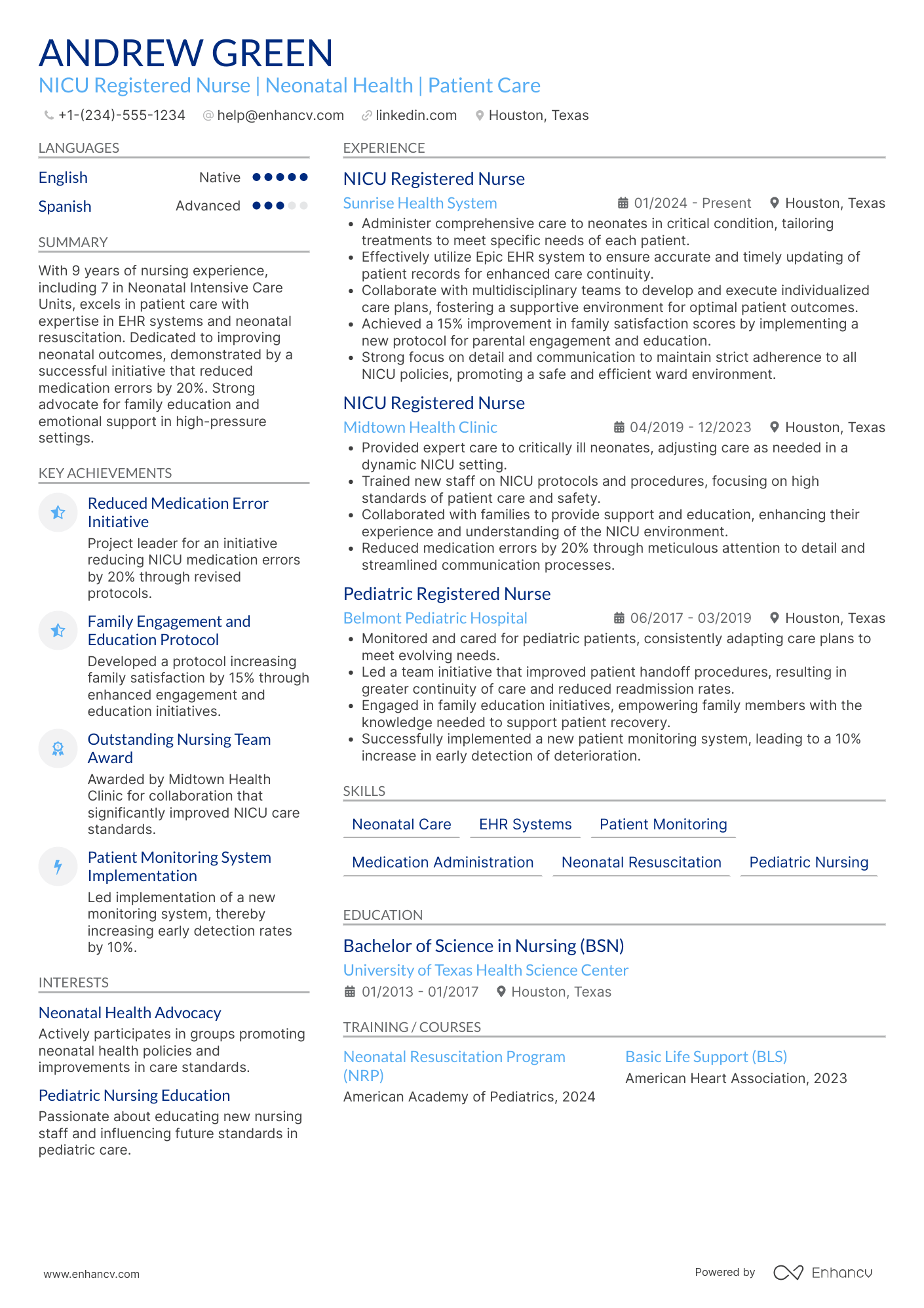 A resume example of a NICU Registered Nurse (RN)
