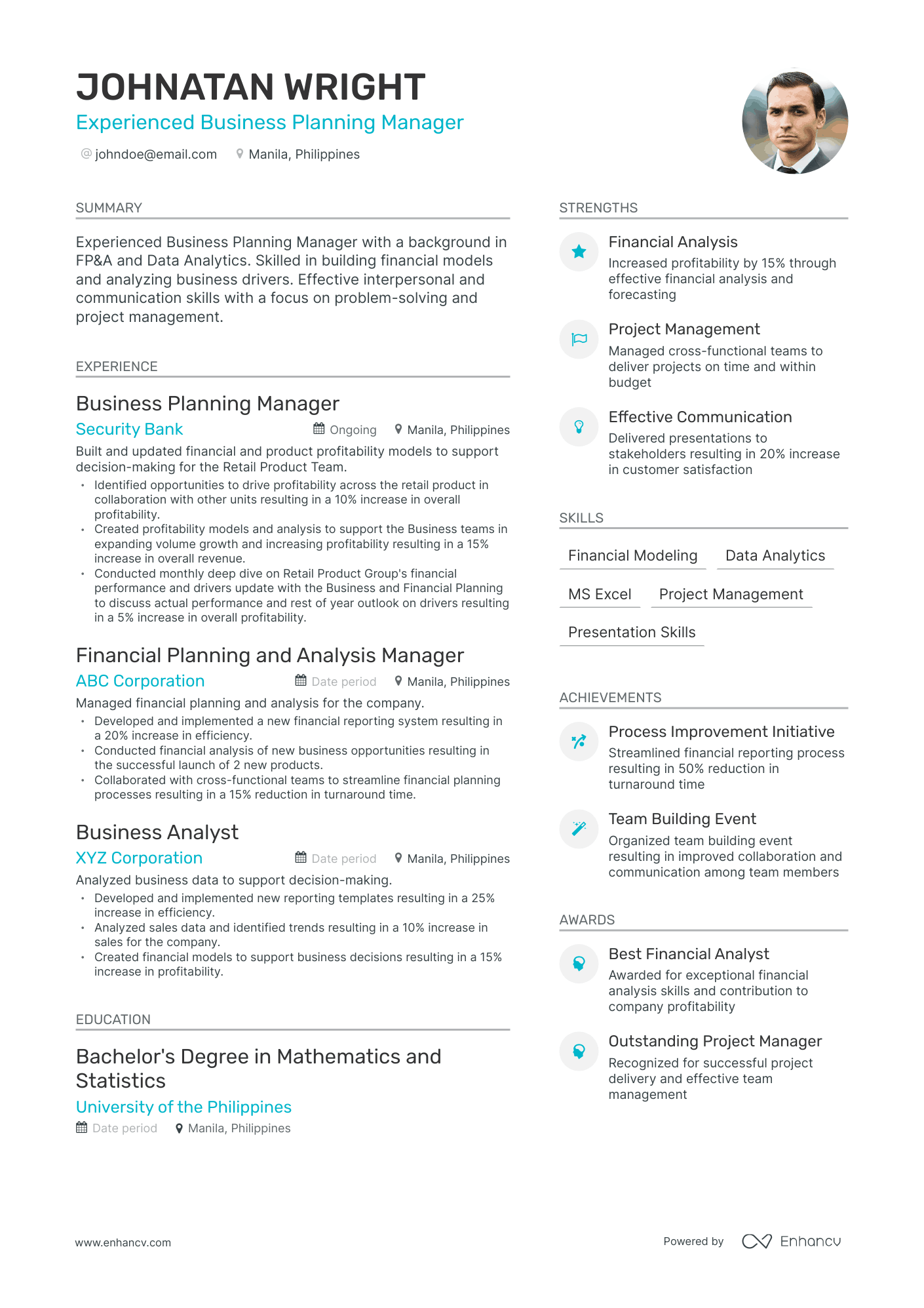 Modern Business Planning Manager Resume Template