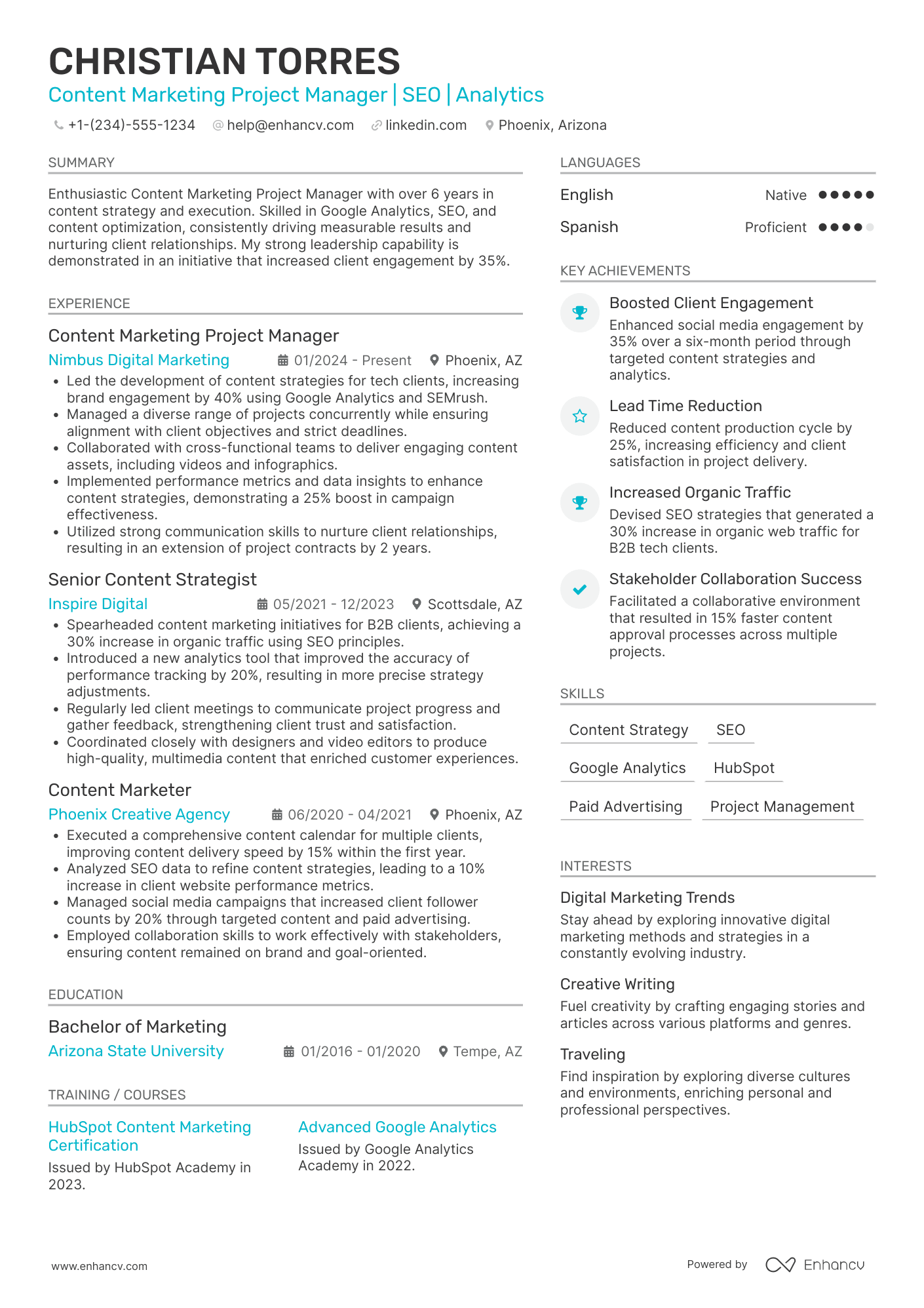 A resume example of a Content Marketing Project Manager