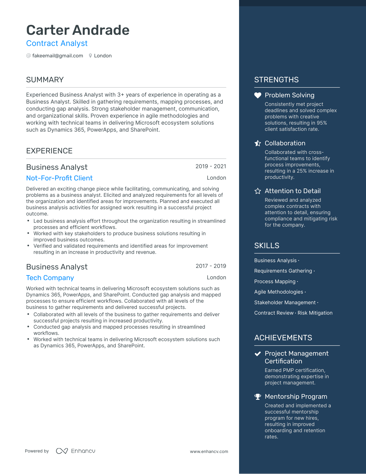 One Page Contract Analyst Resume Template