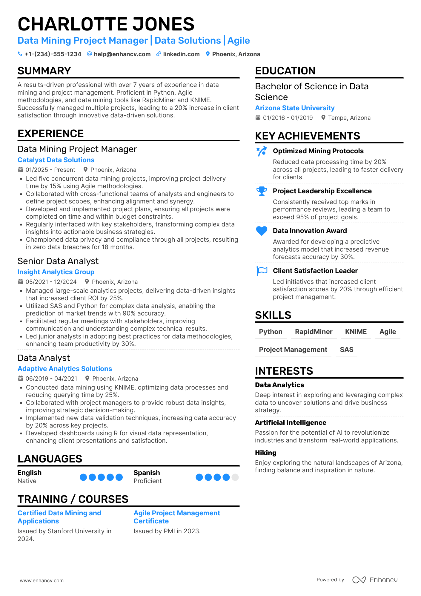 A resume example of a Data Mining Project Manager