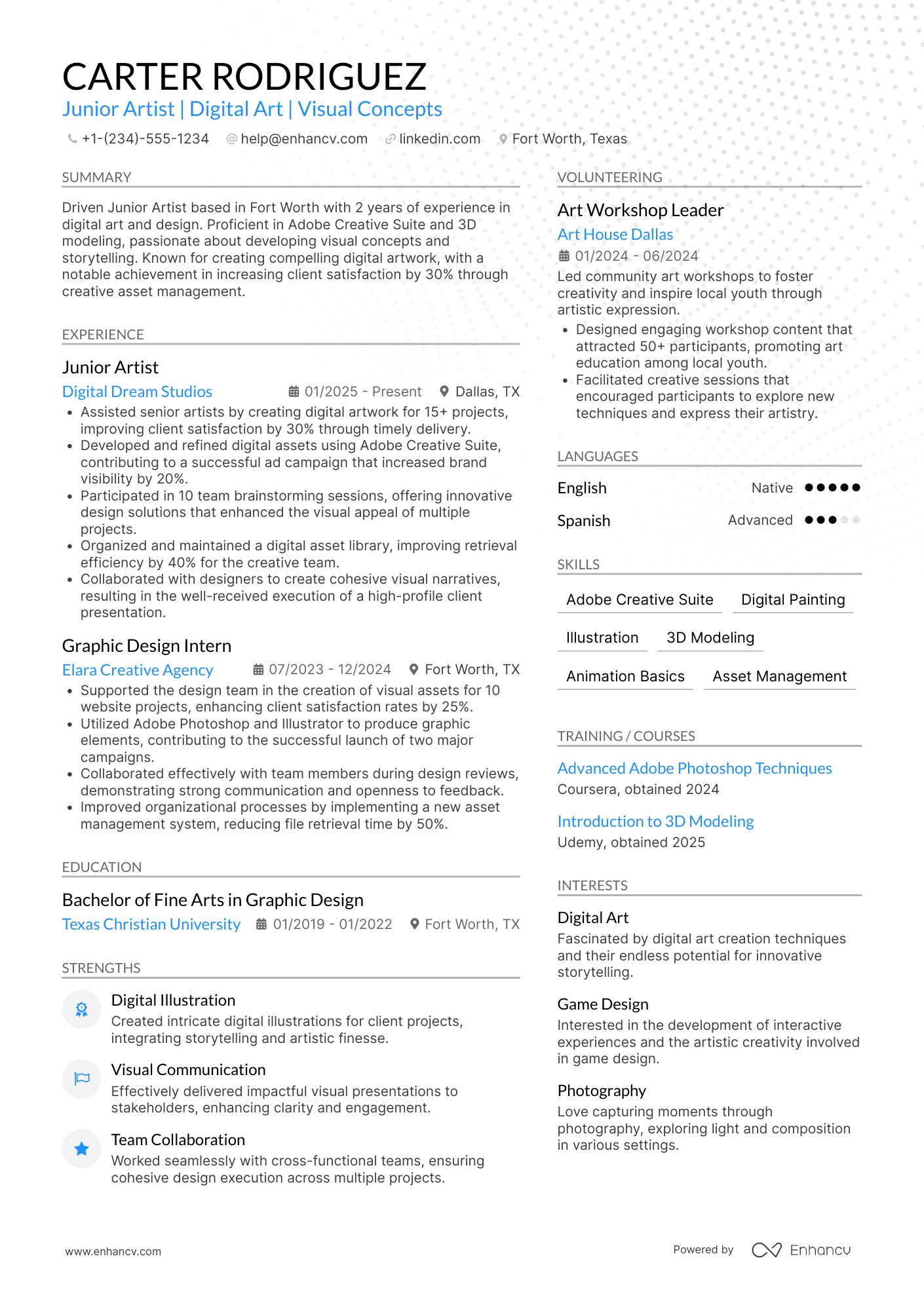 A resume example of a Junior Artist