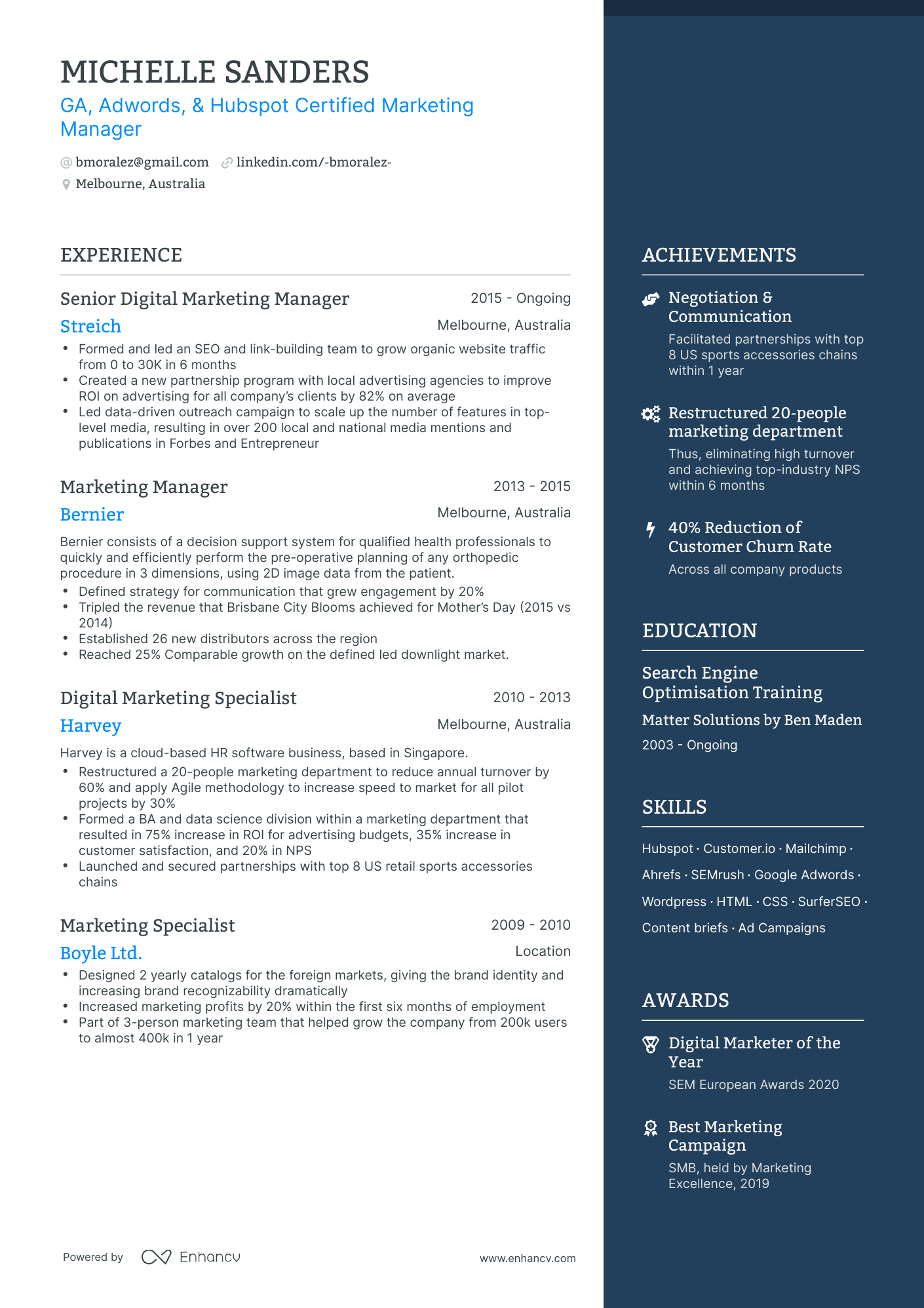 One Page Marketing Manager Resume Template