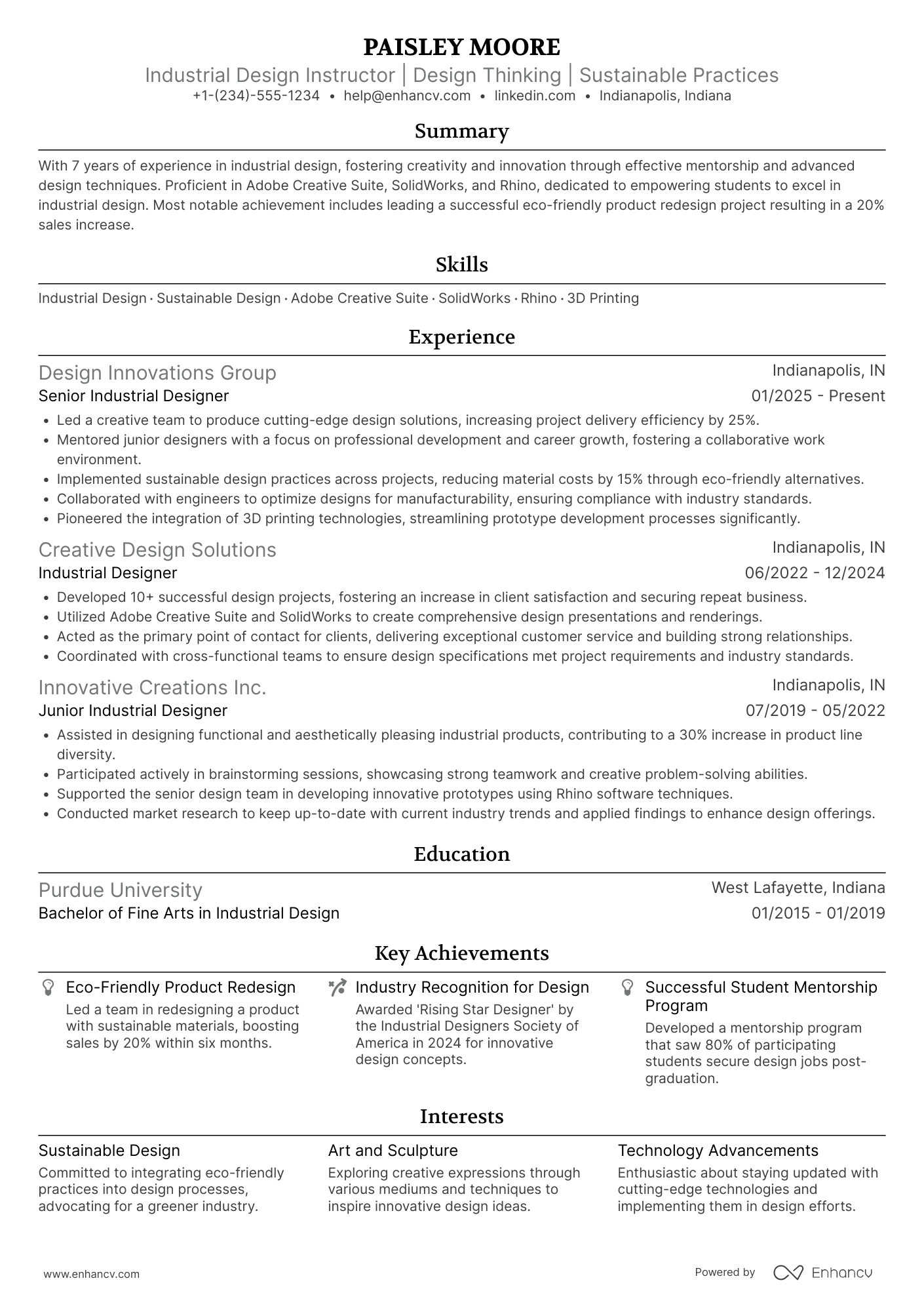 A resume example of a Industrial Design Instructor