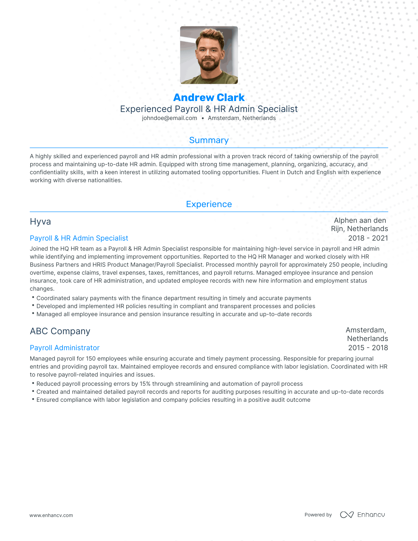 Traditional Payroll Admin Resume Template