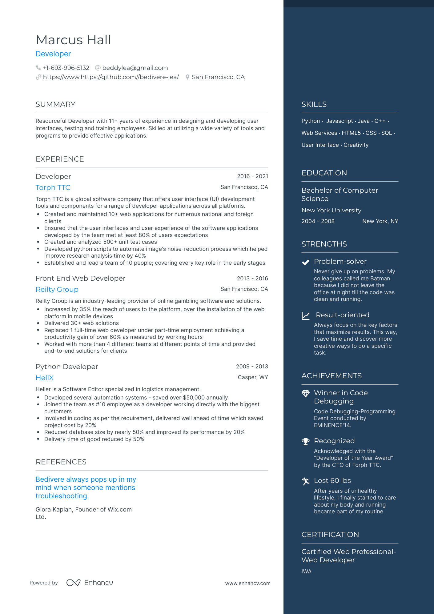 One Page Developer Resume Template