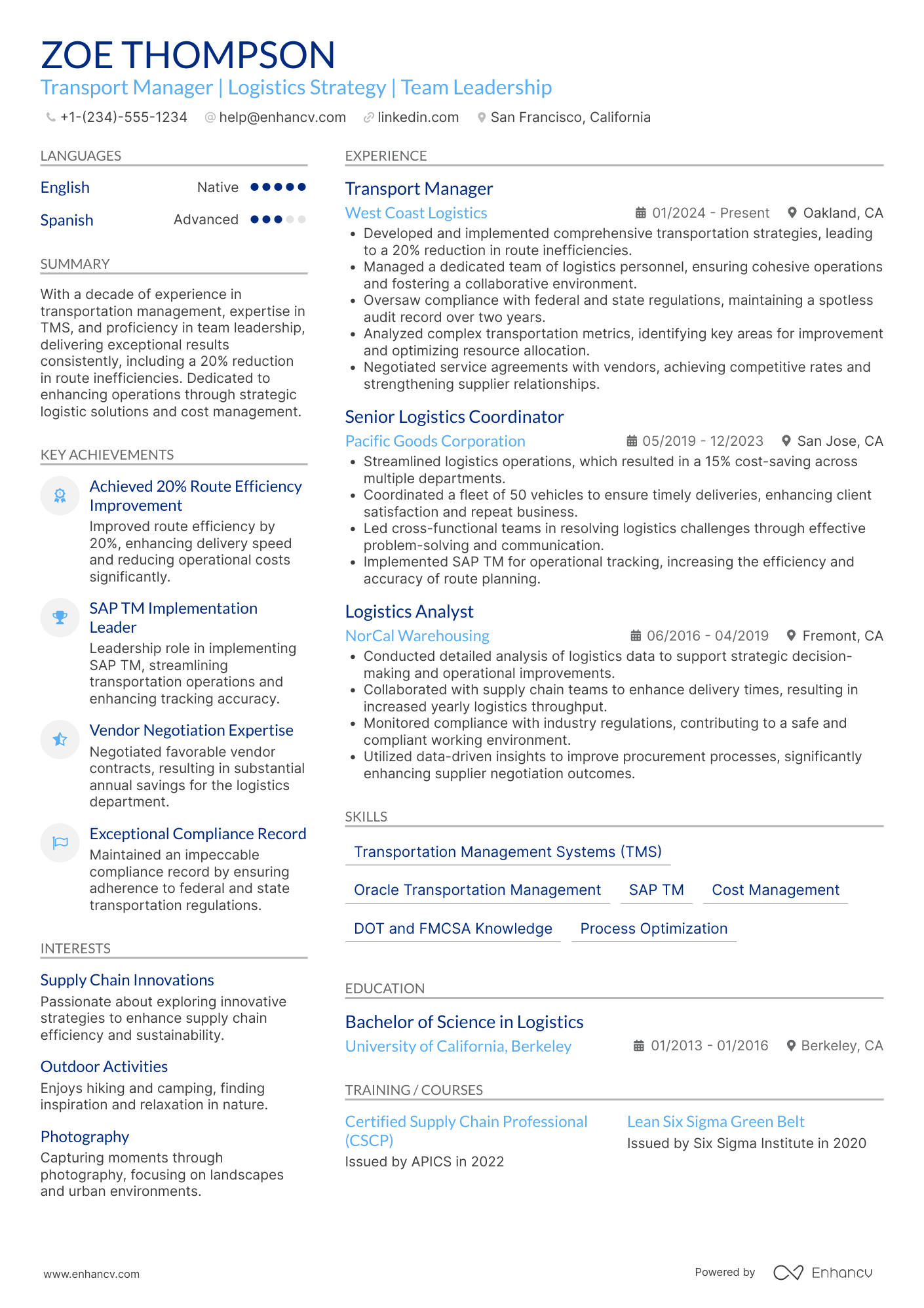 A resume example of a Transport Manager