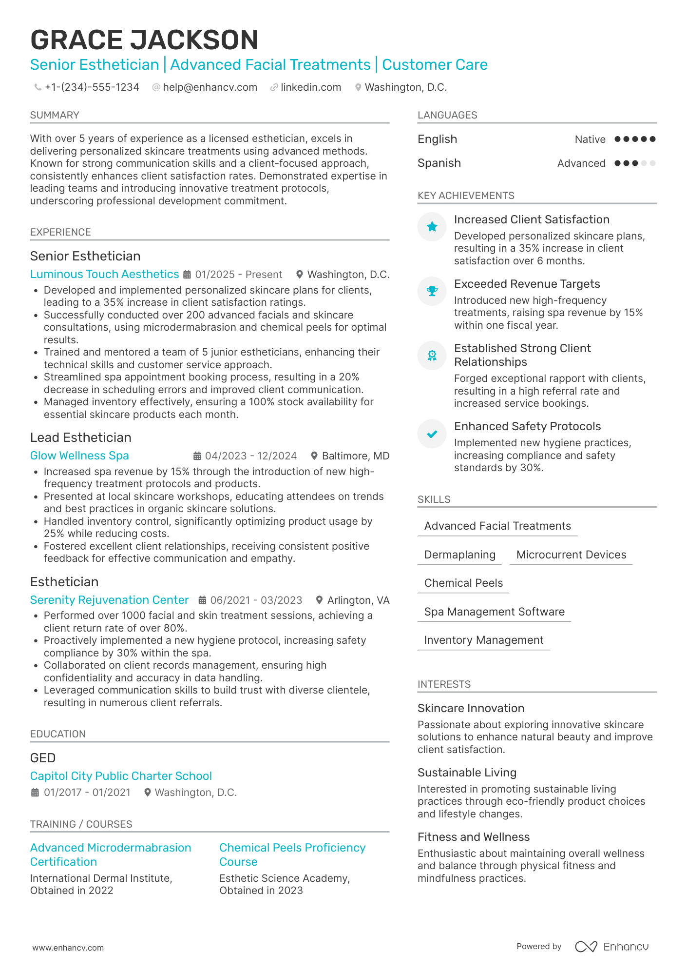 A resume example of a Senior Esthetician