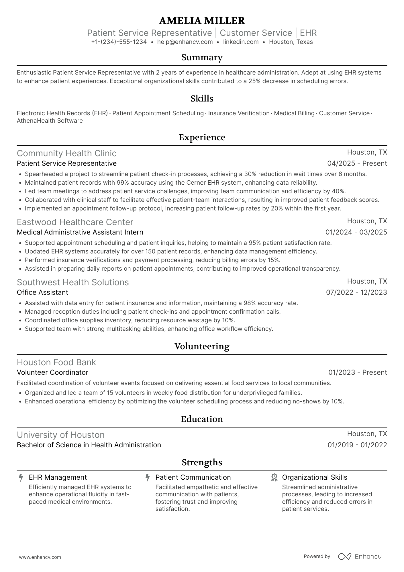 A resume example of a Patient Service Representative Associate