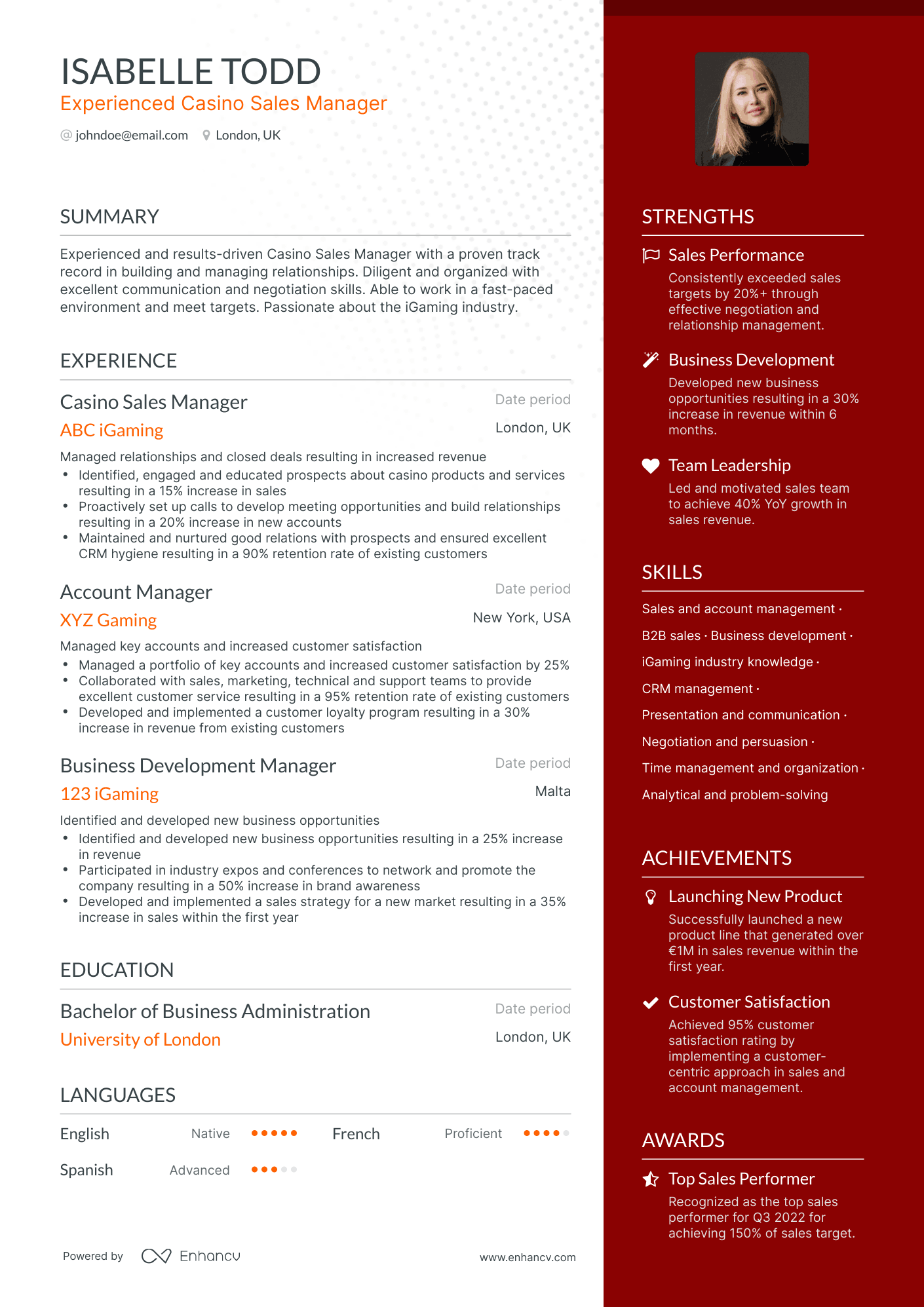 One Page Casino Manager Resume Template
