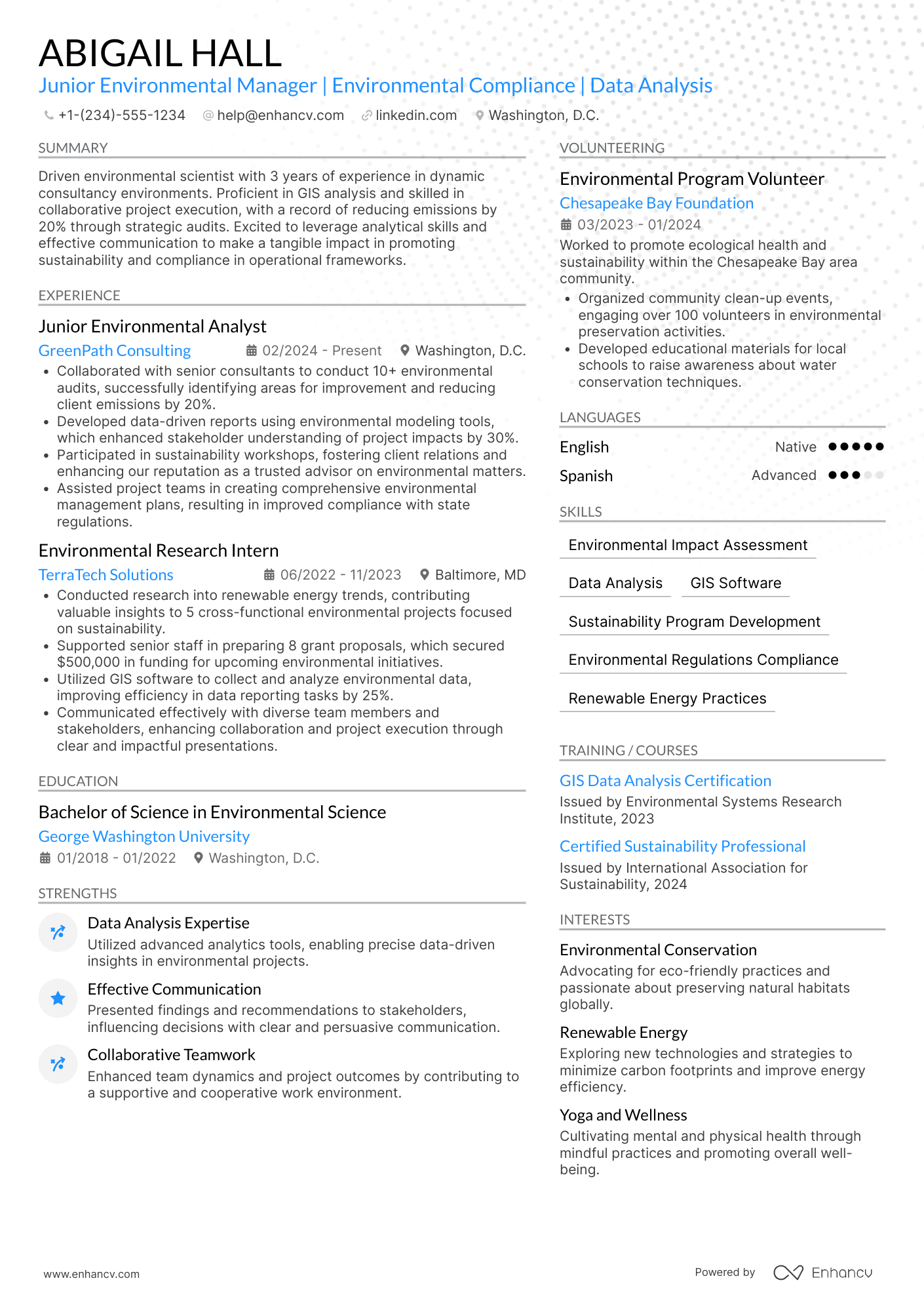 A resume example of a Junior Environmental Manager