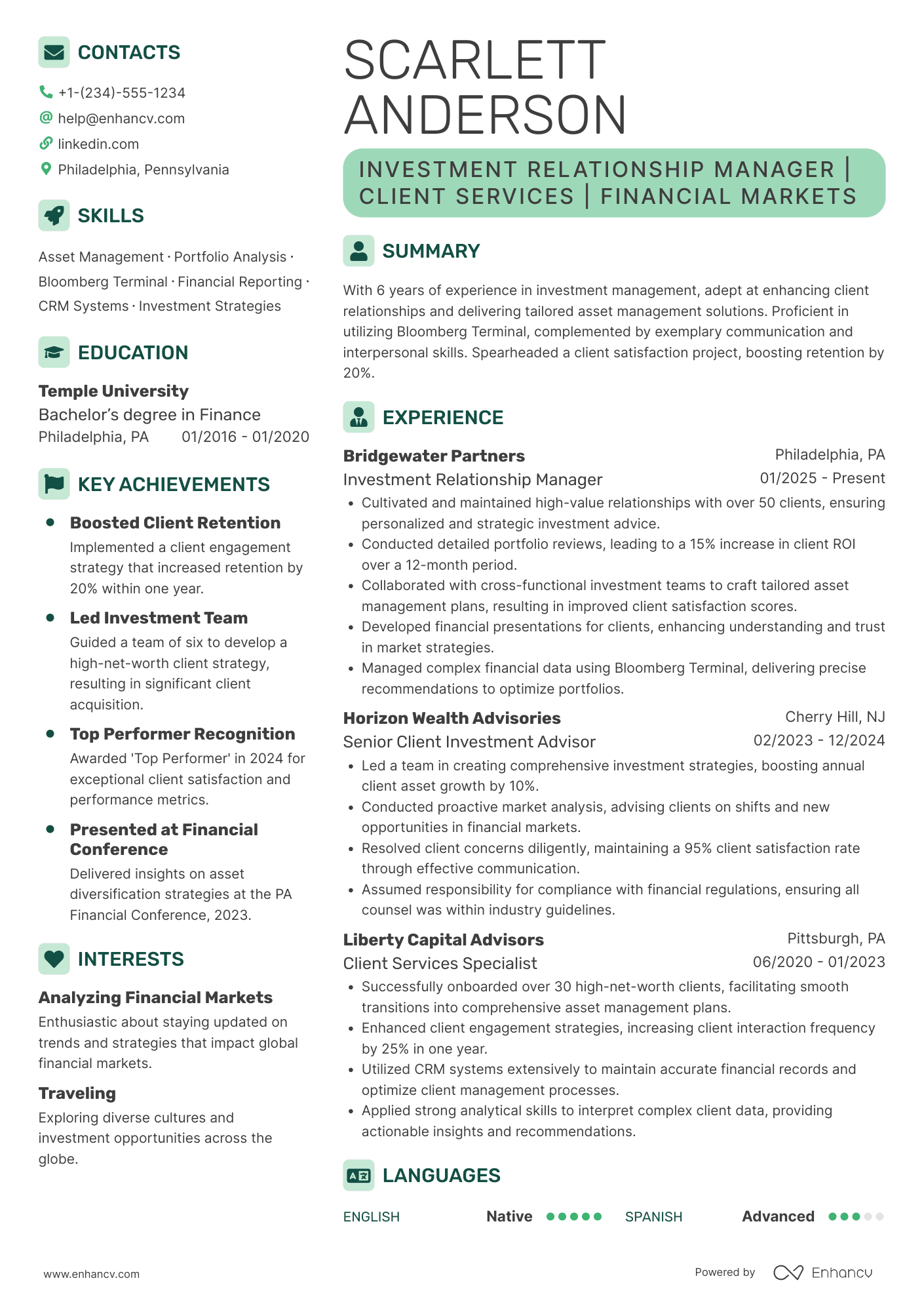 A resume example of a Investment Relationship Manager