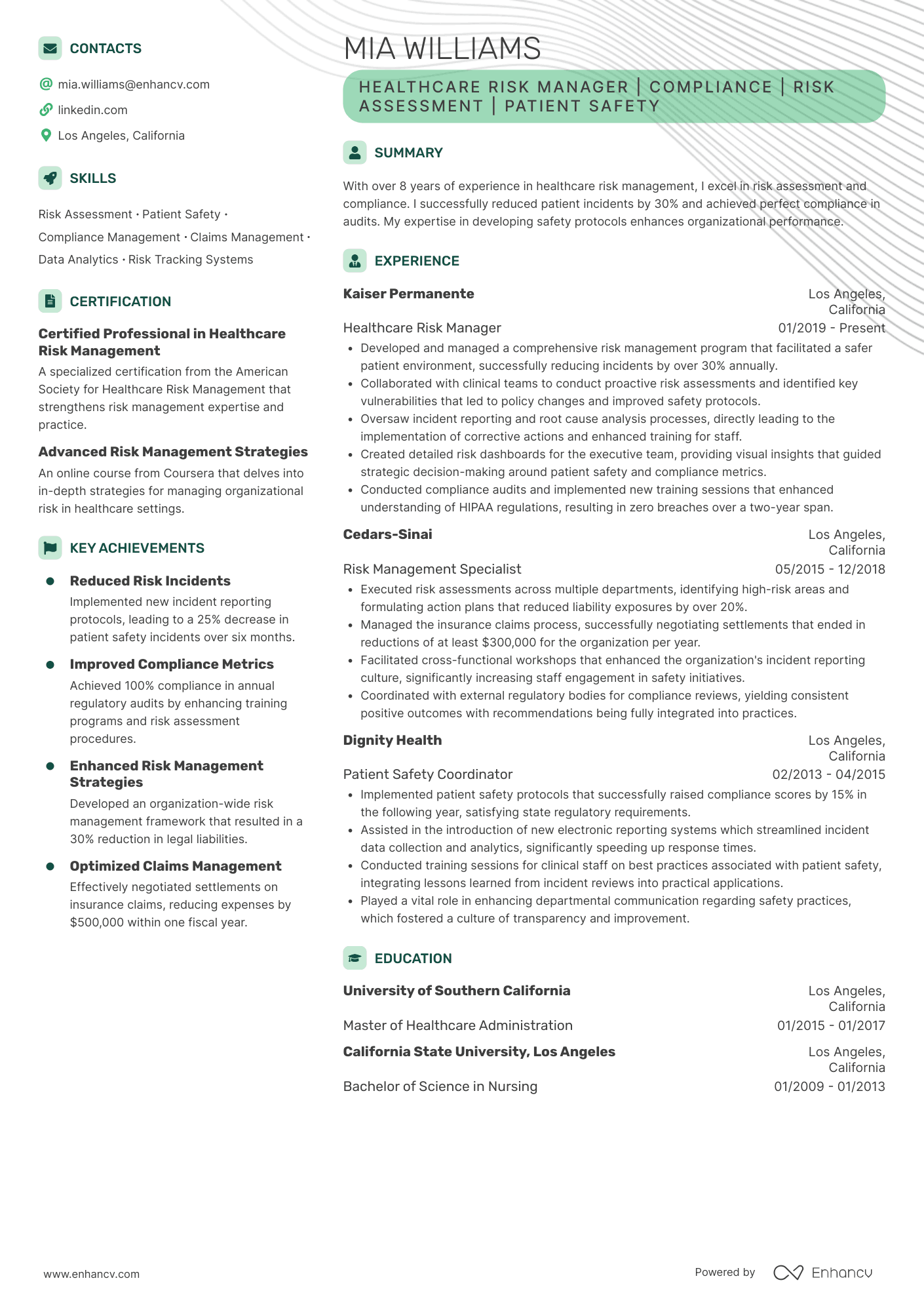 A resume example of a Healthcare Risk Manager