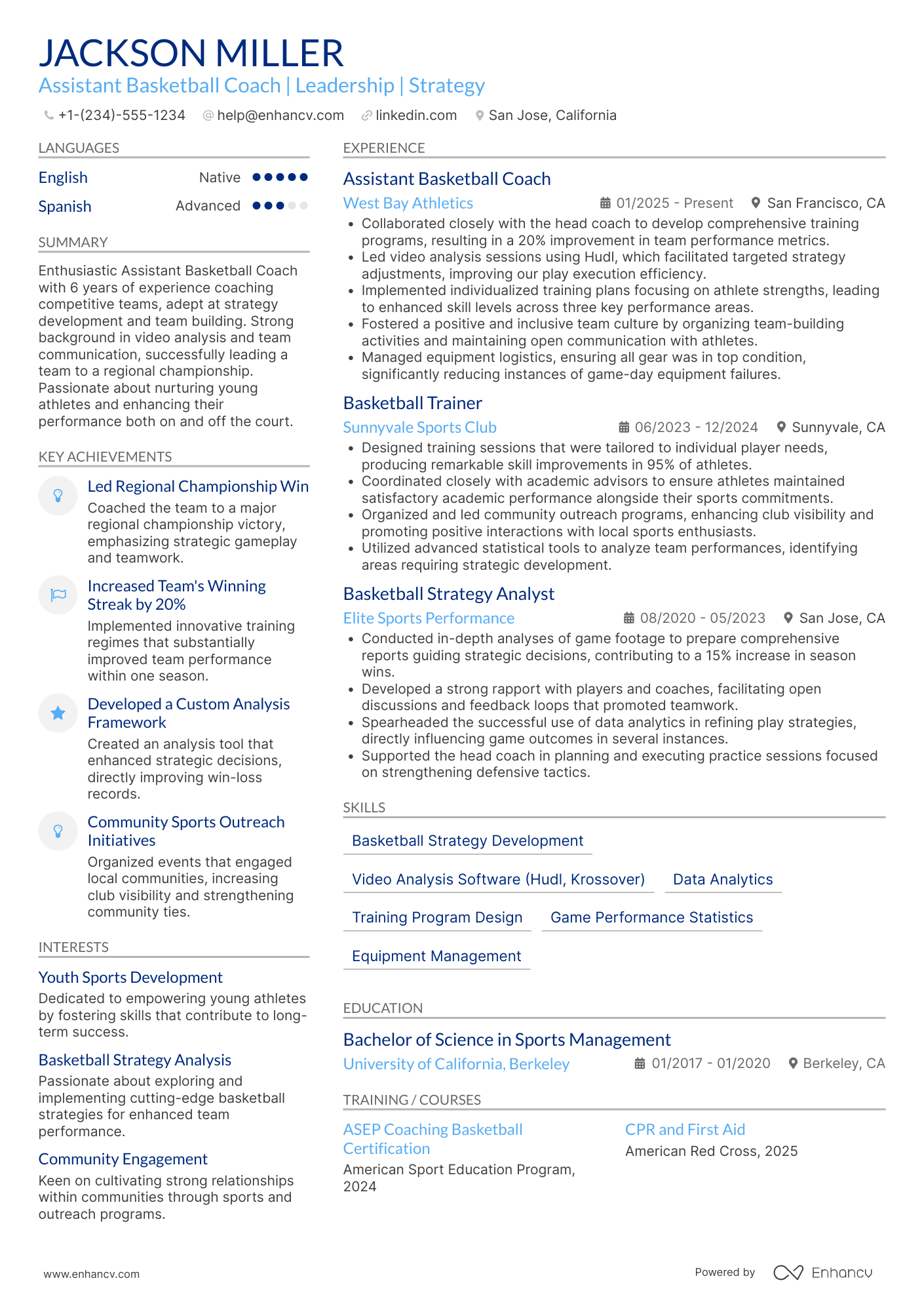 A resume example of a Assistant Basketball Coach