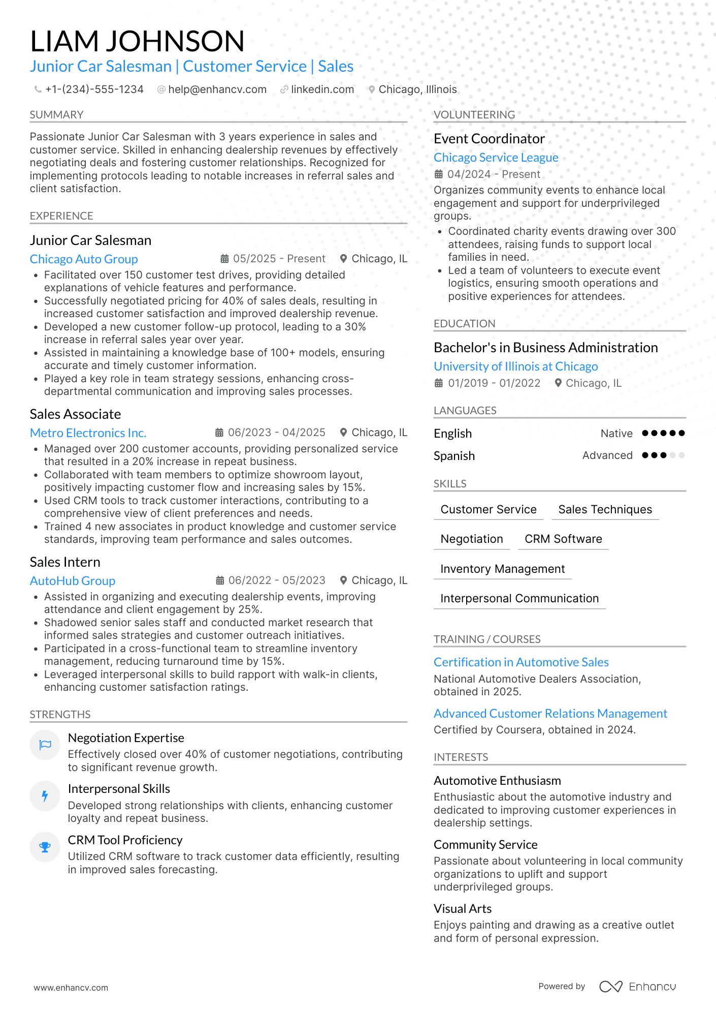 A resume example of a Junior Car Salesman