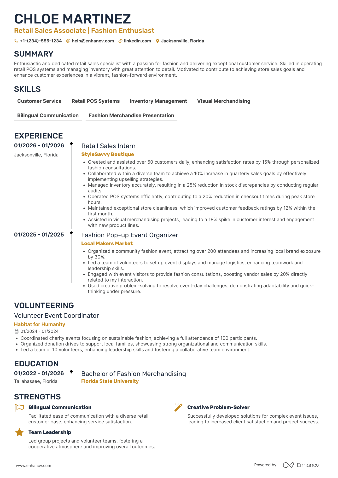 A resume example of a Entry Level Retail Sales Associate