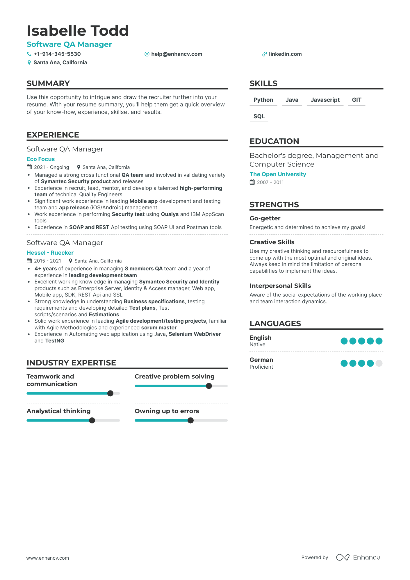 Simple Software QA Manager Resume Template