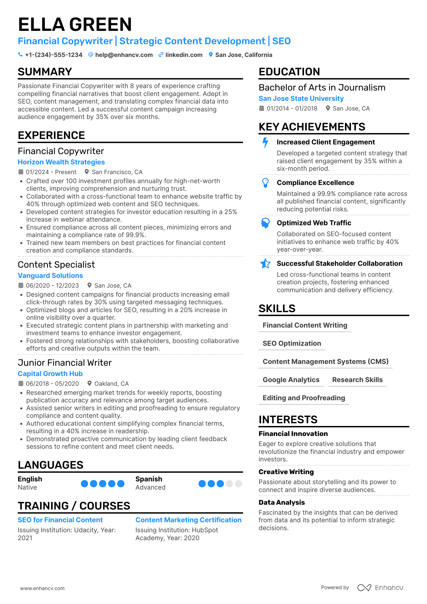 A resume example of a Financial Copywriter