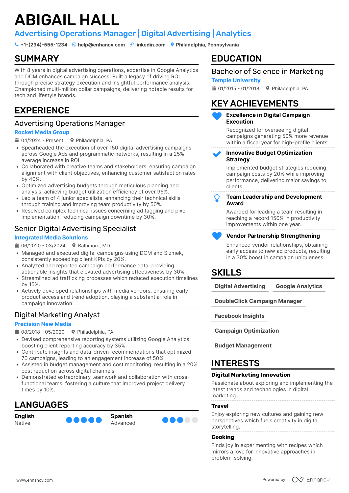 A resume example of a Advertising Operations Manager
