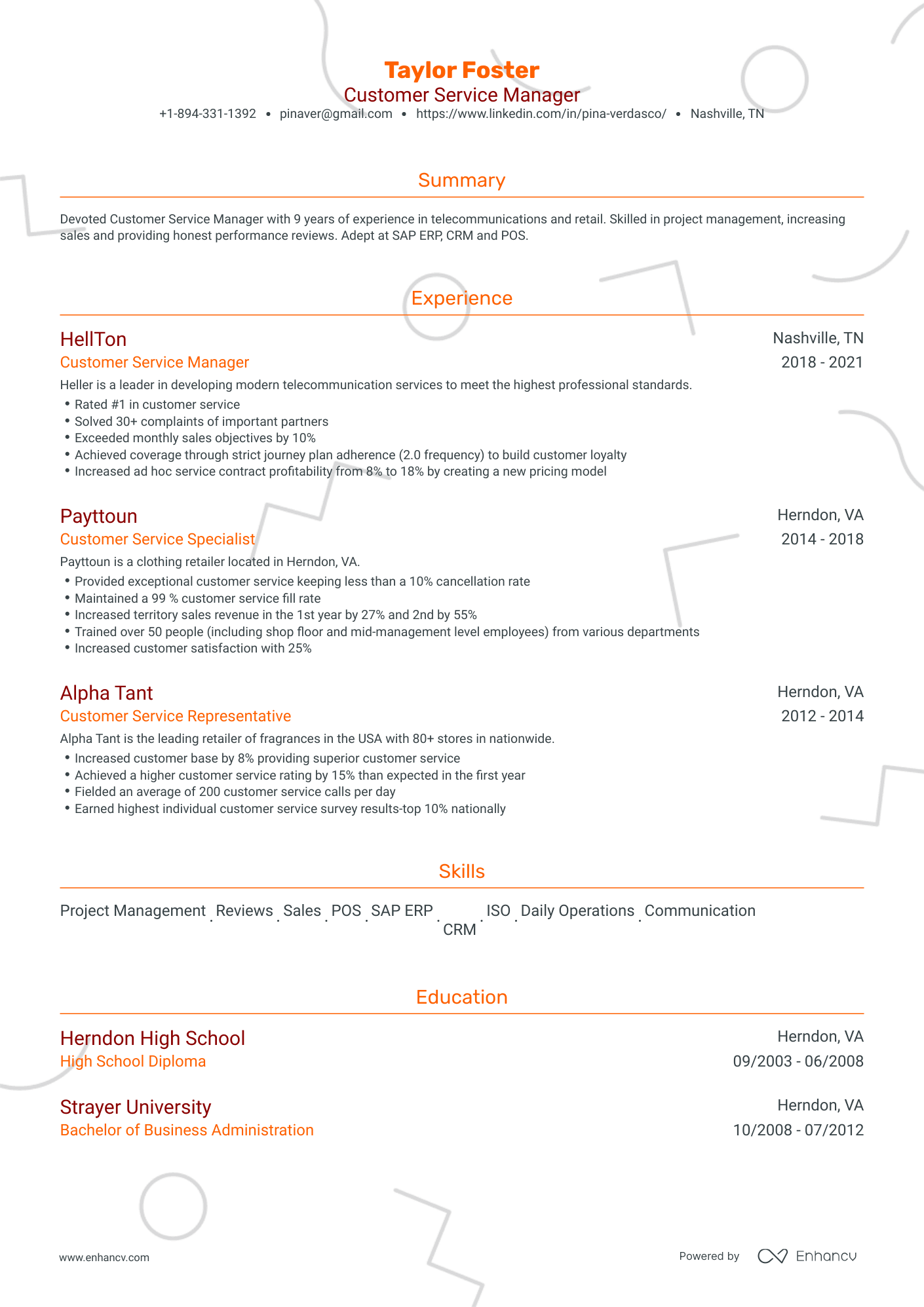 Traditional Customer Service Resume Template