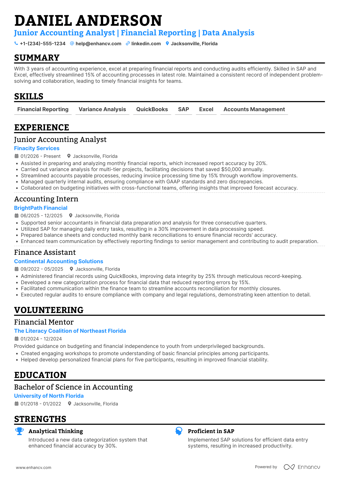 A resume example of a Junior Accounting Analyst
