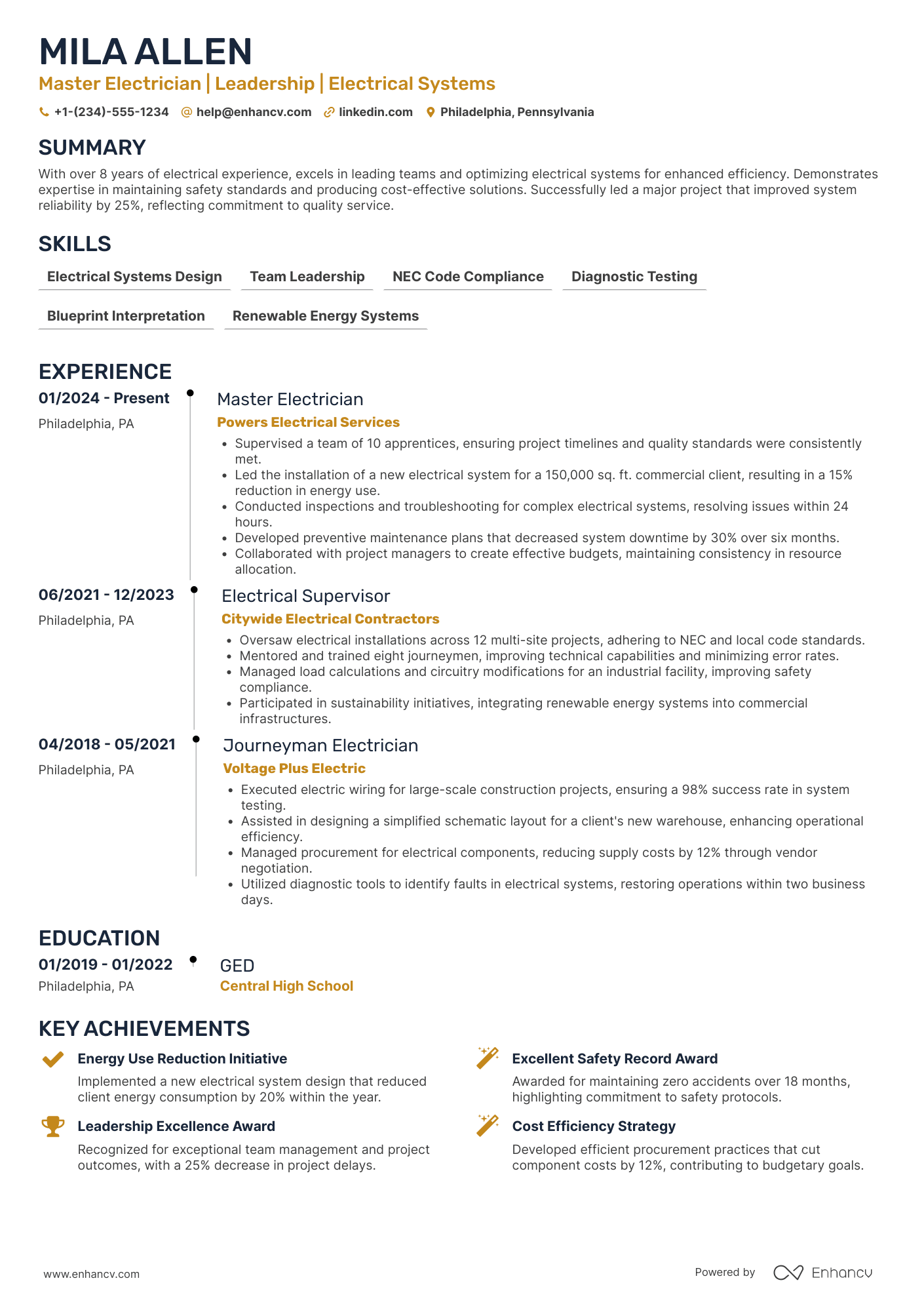 A resume example of a Master Electrician