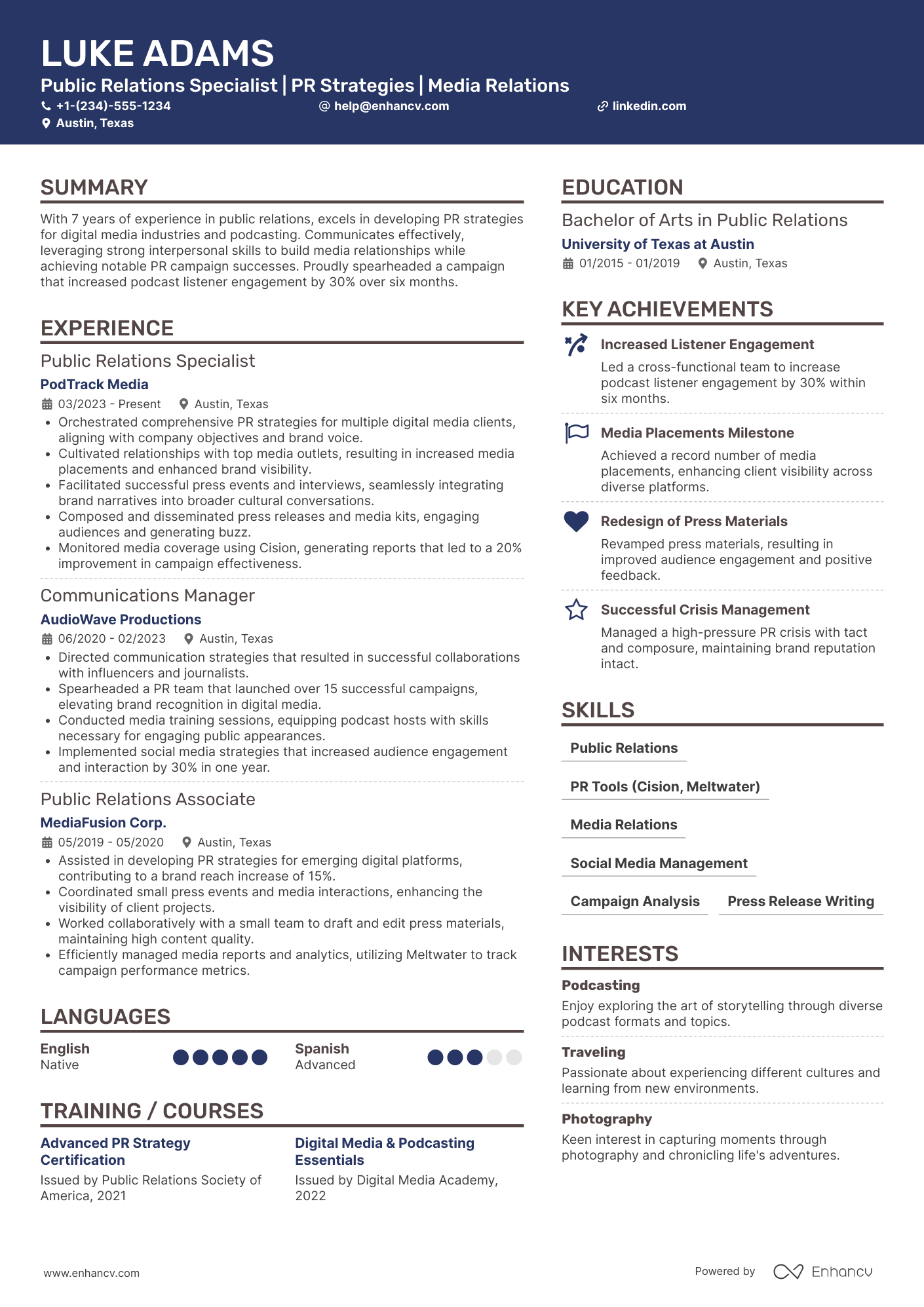 A resume example of a Podcaster Public Relations Specialist