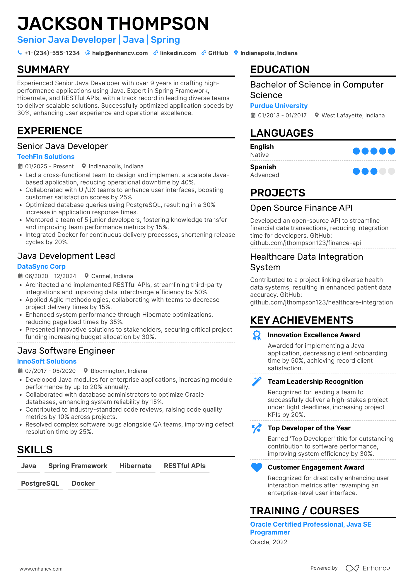 A resume example of a Senior Java Developer