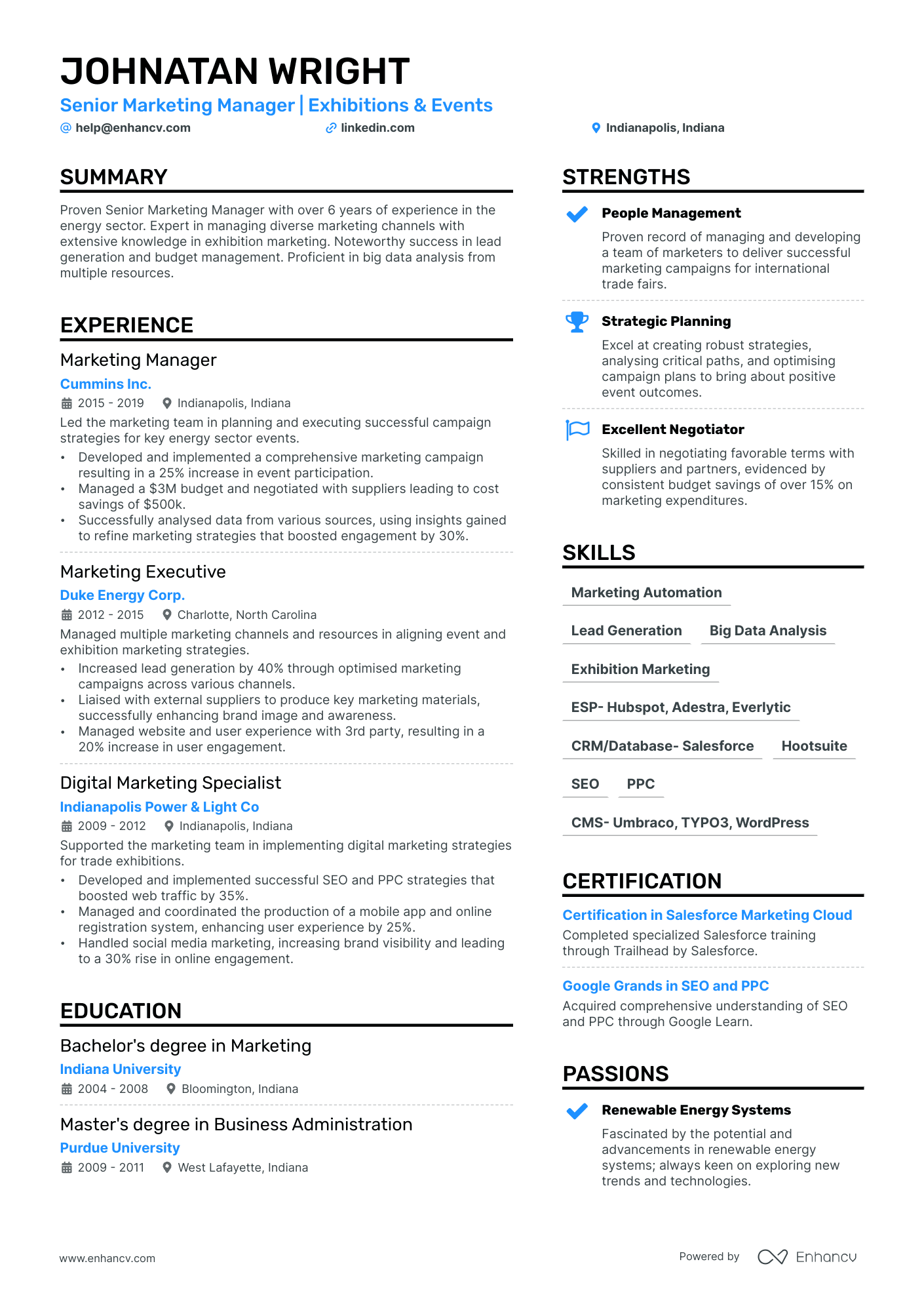 A resume example of a Senior Marketing Manager