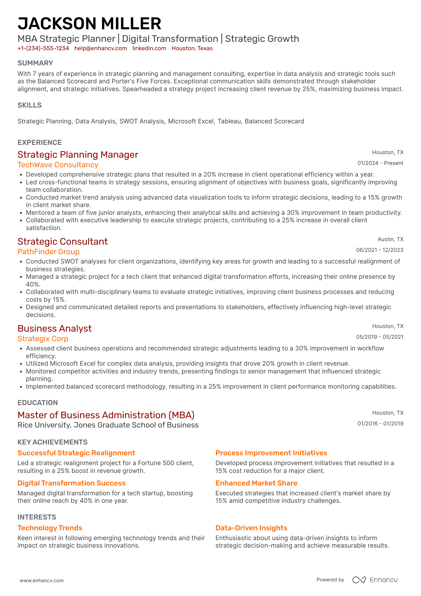 A resume example of a MBA Strategic Planner
