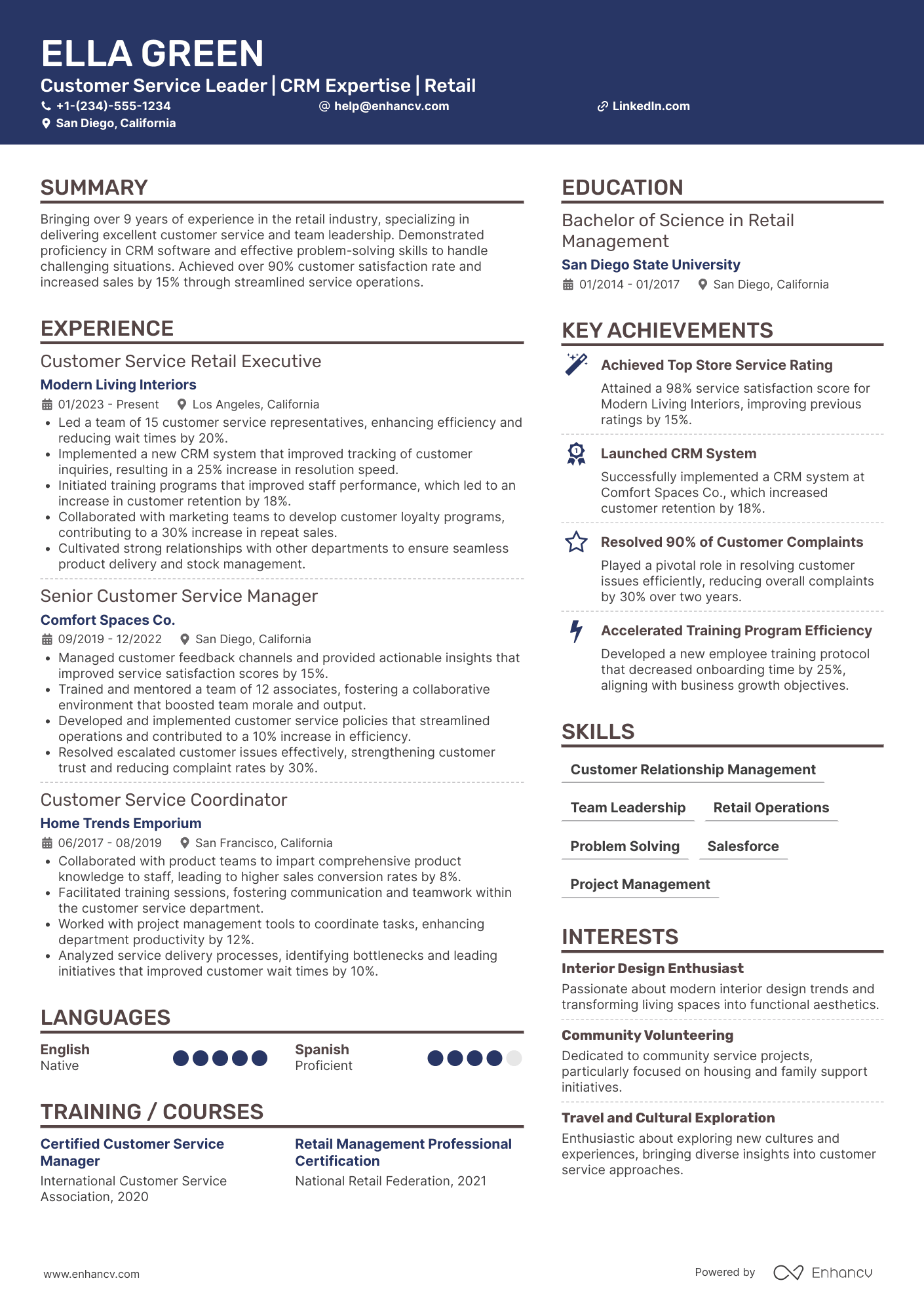 A resume example of a Customer Service Retail Executive