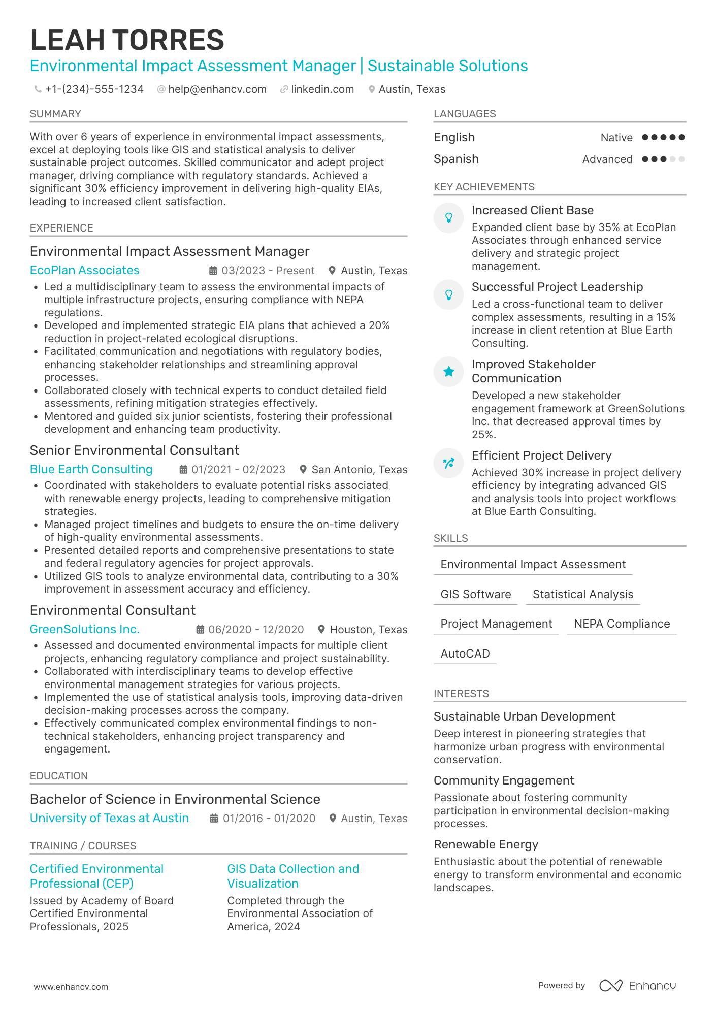 A resume example of a Environmental Impact Assessment Manager