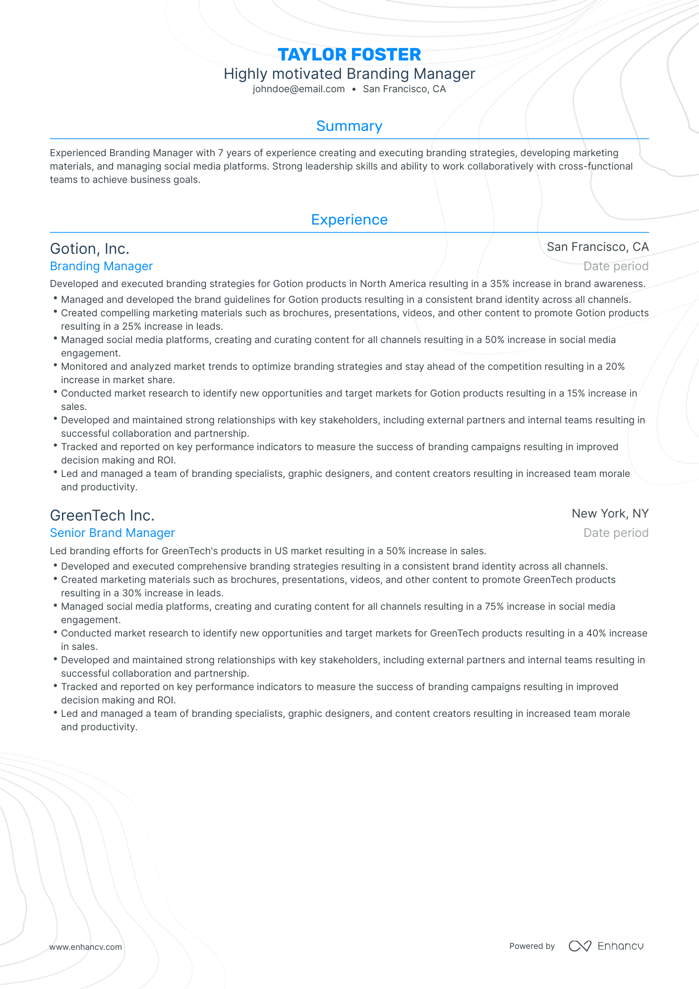 Traditional Branding Manager Resume Template