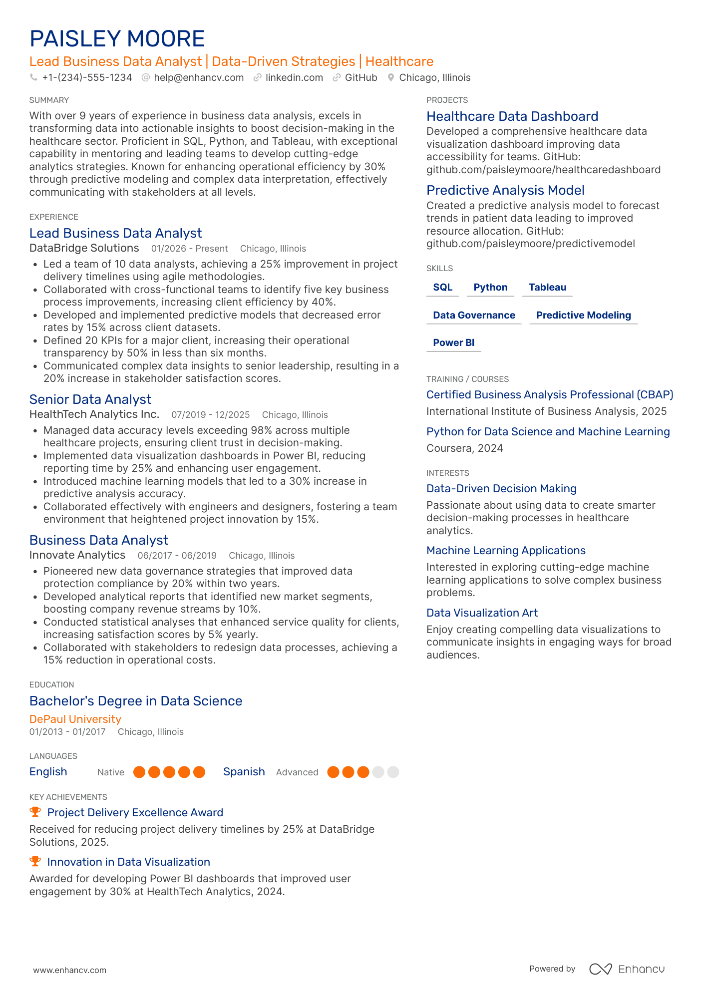 A resume example of a Lead Business Data Analyst