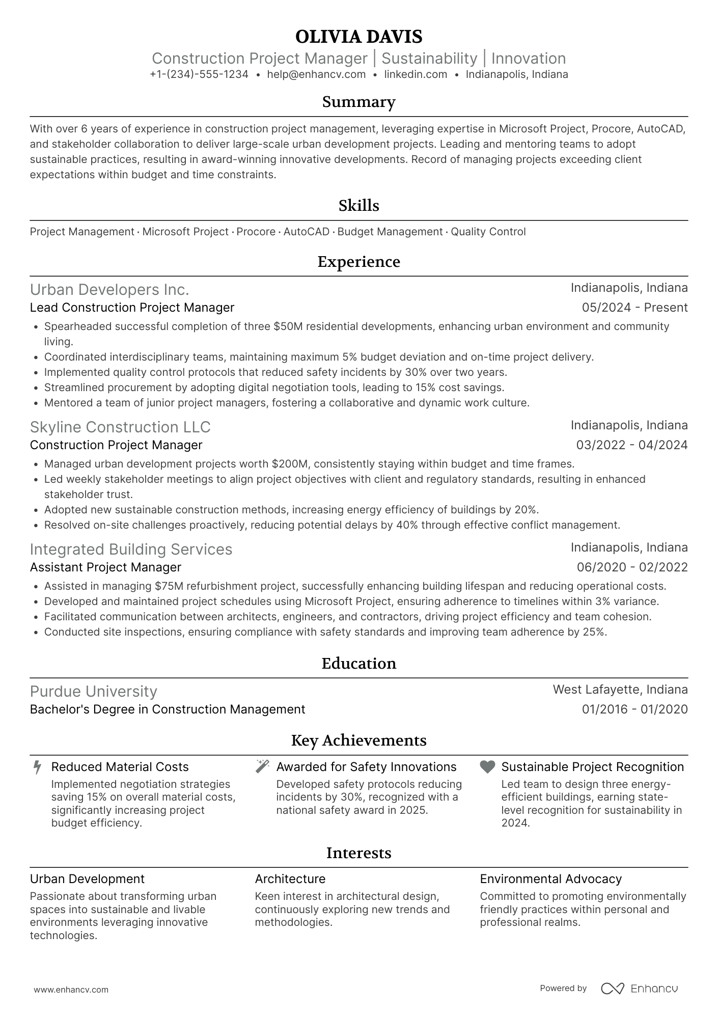 A resume example of a Lead Construction Project Manager