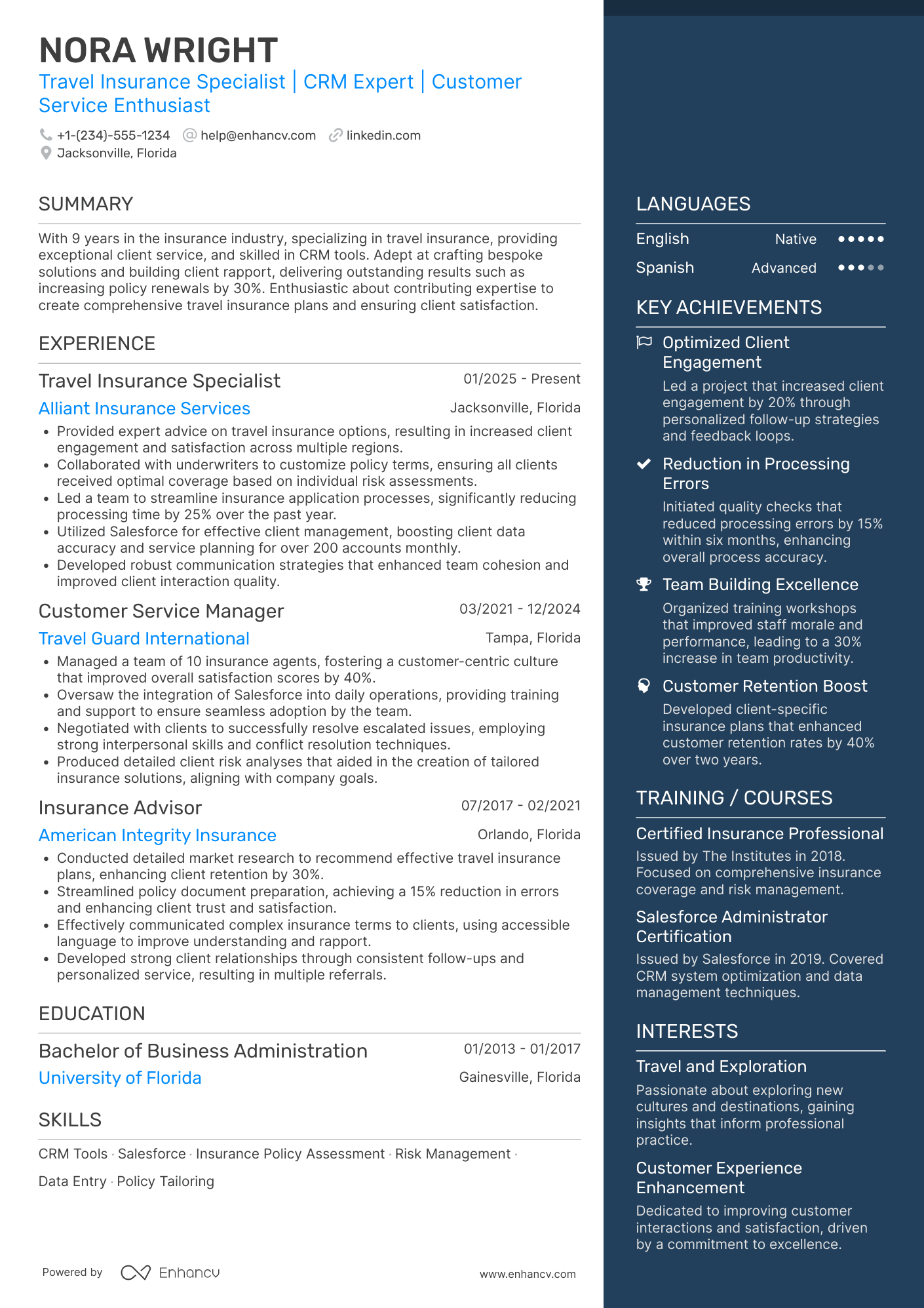 A resume example of a Travel Insurance Agent