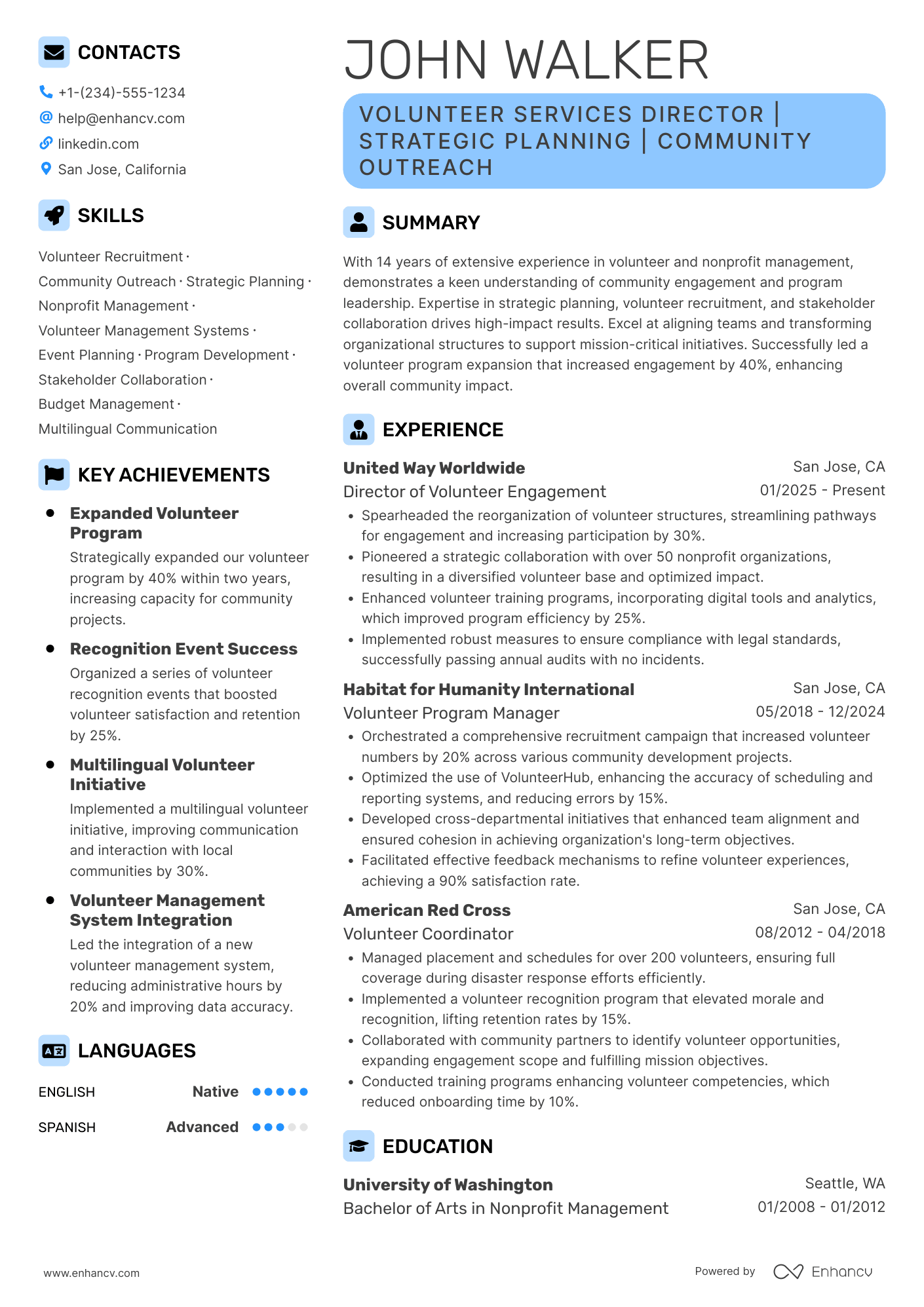 A resume example of a Volunteer Services Director