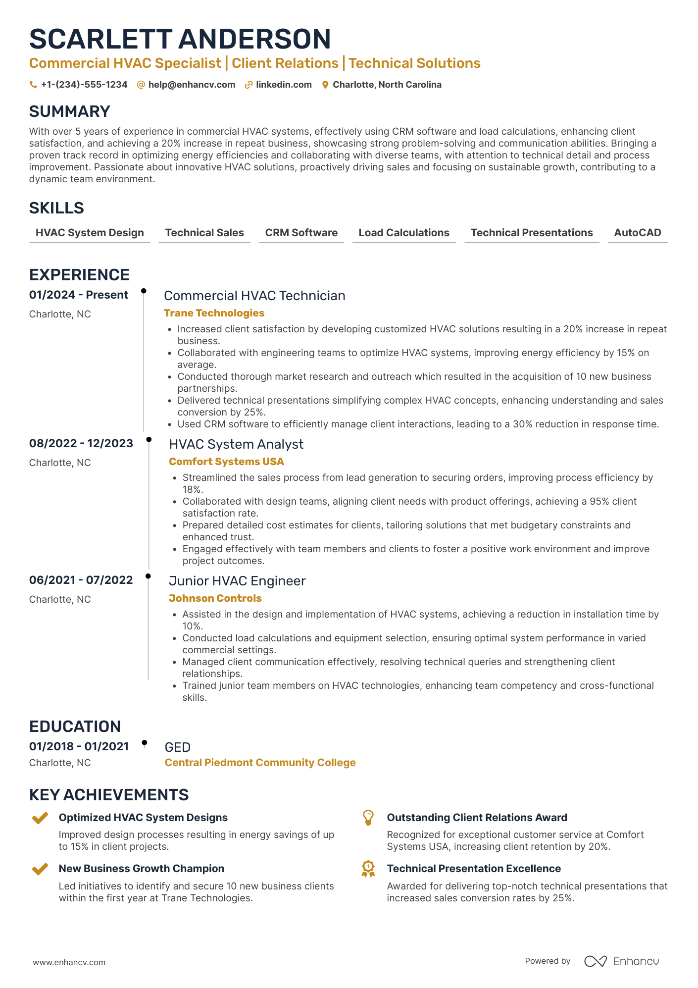 A resume example of a Commercial HVAC Sales Engineer