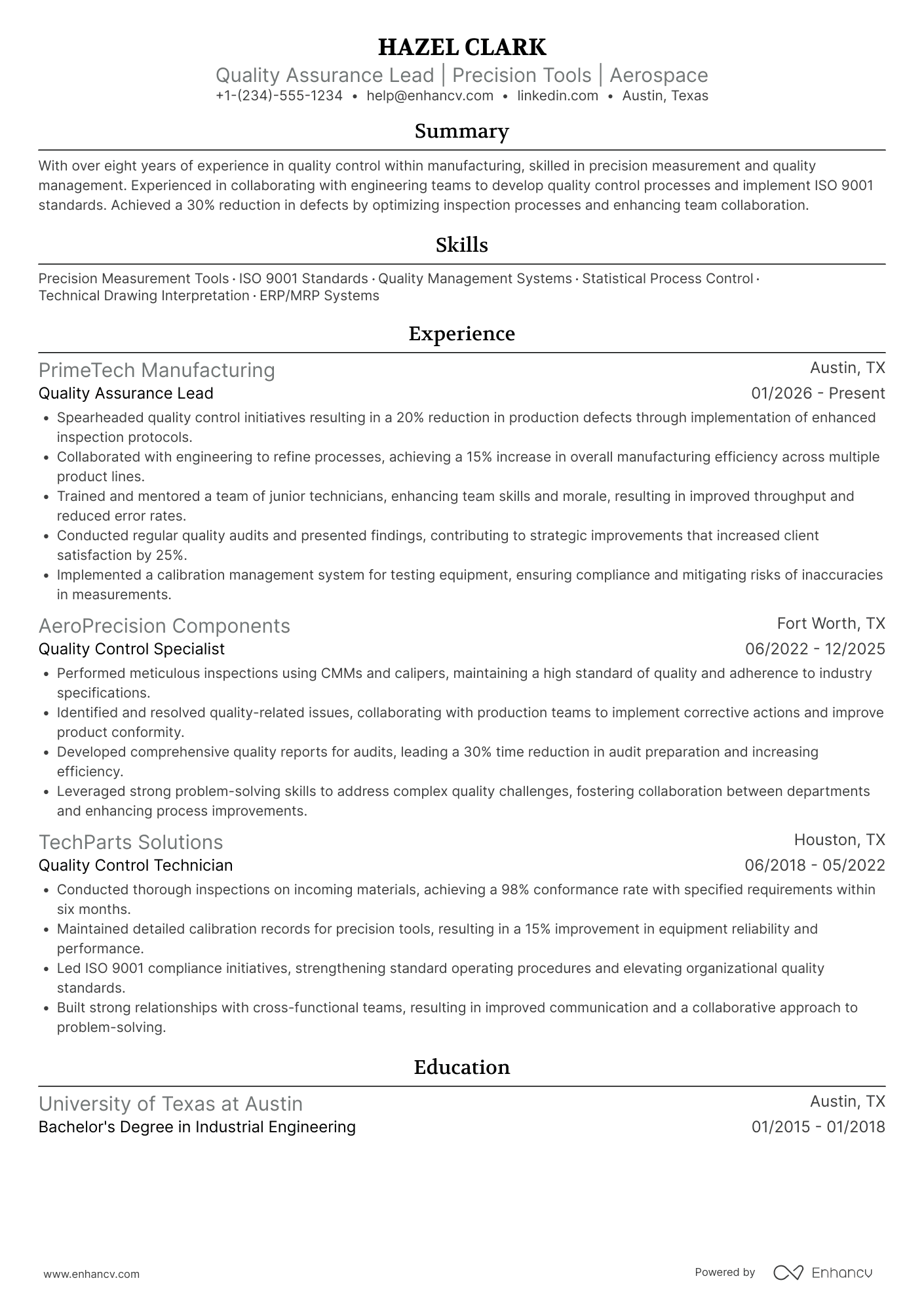 A resume example of a Quality Control Technician