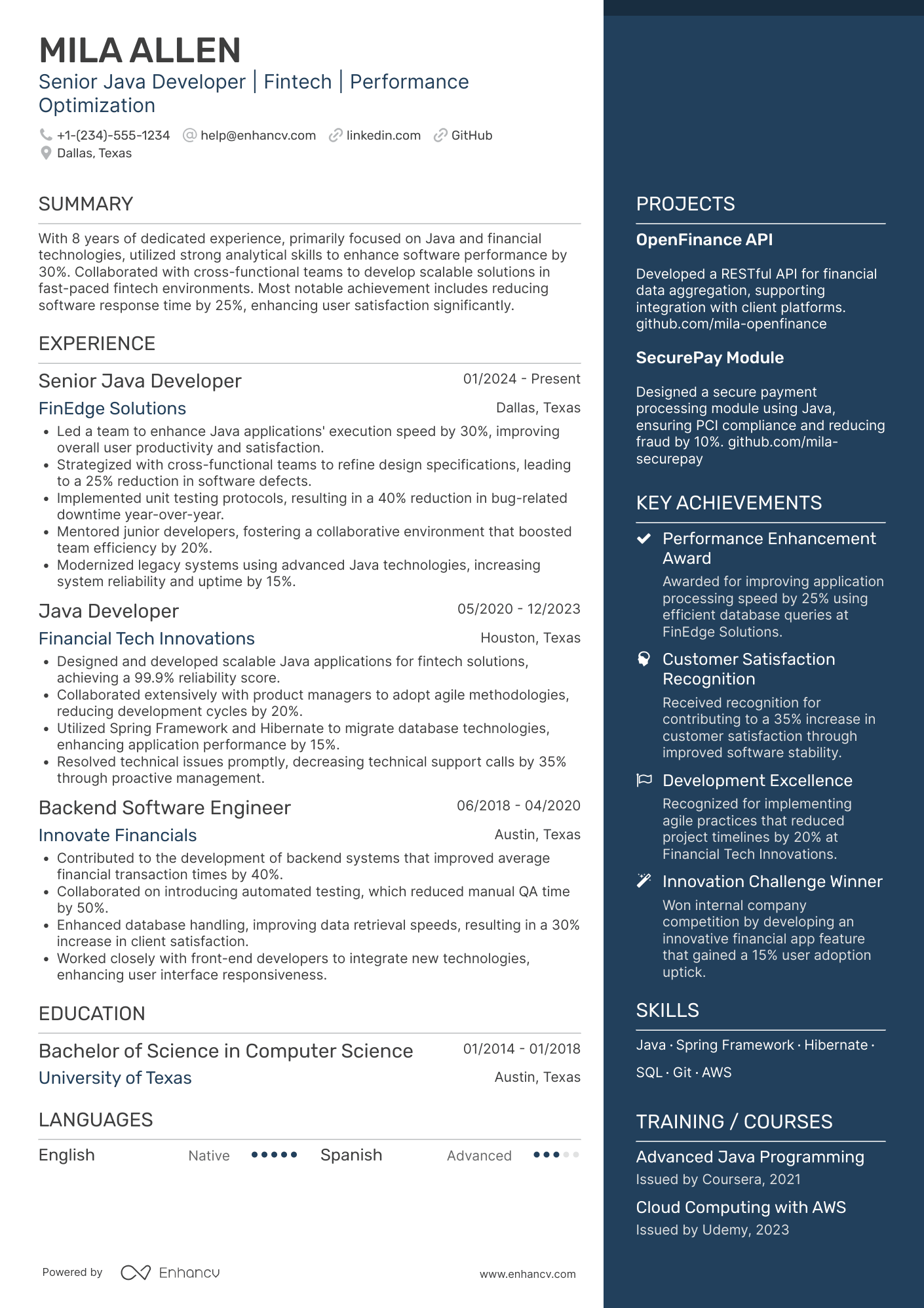 A resume example of a Java Software Developer