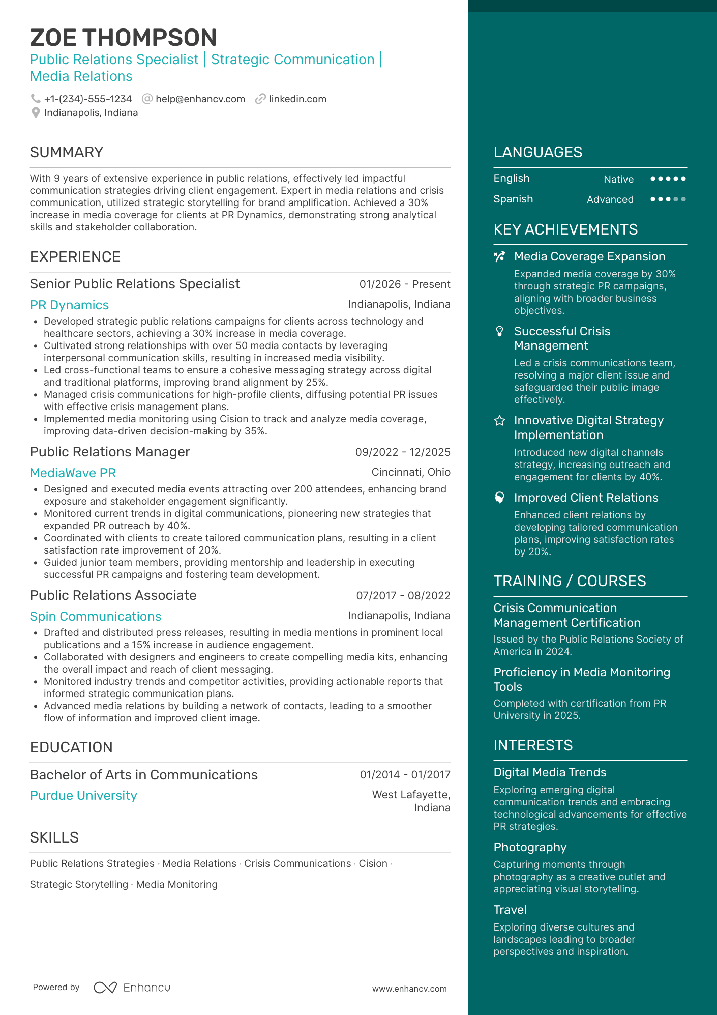 A resume example of a Experienced Public Relations Specialist