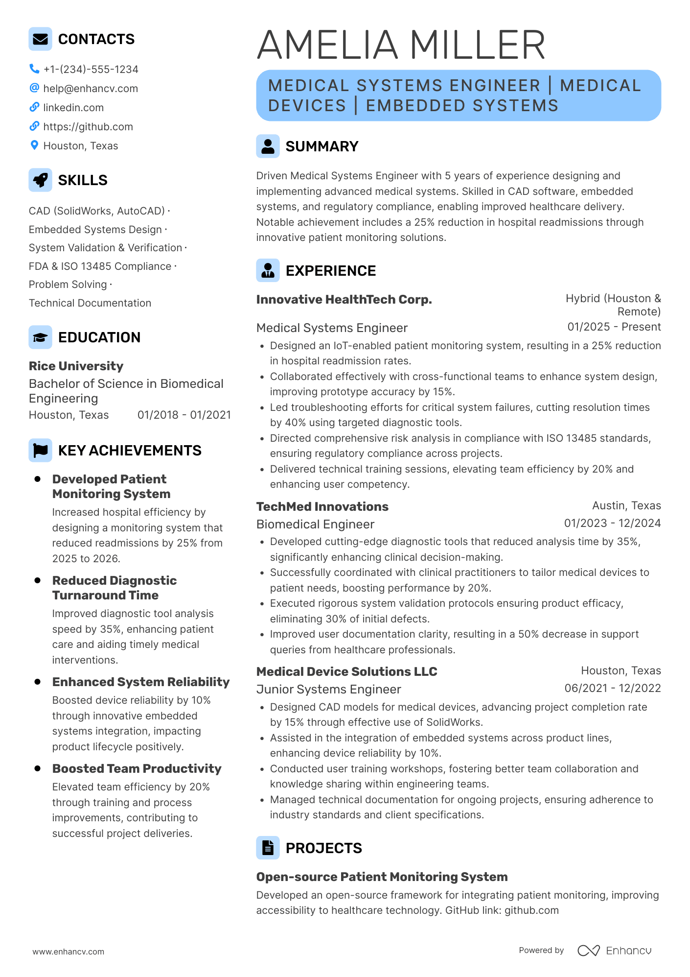 A resume example of a Medical Systems Engineer