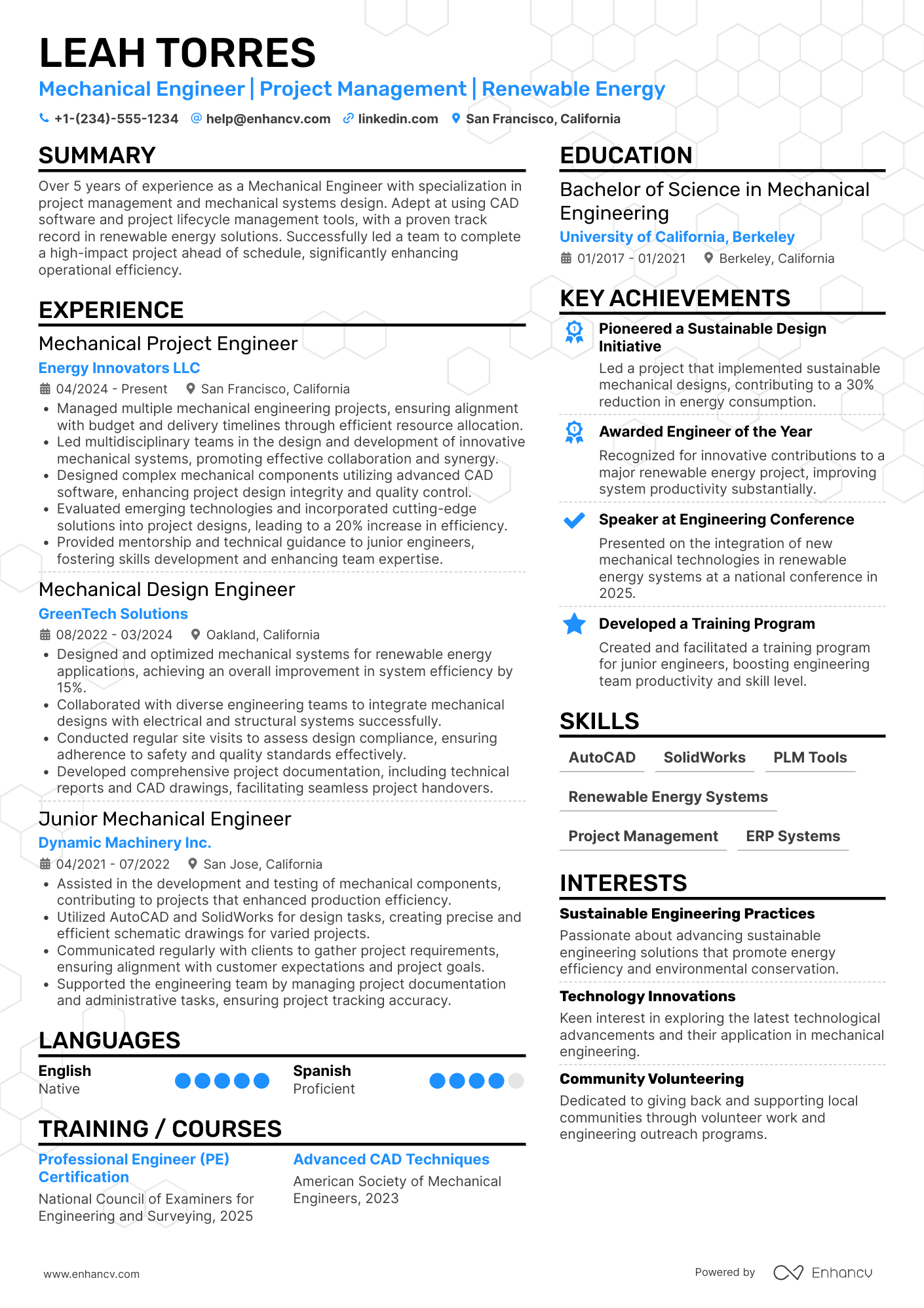 A resume example of a Mechanical Project Engineer