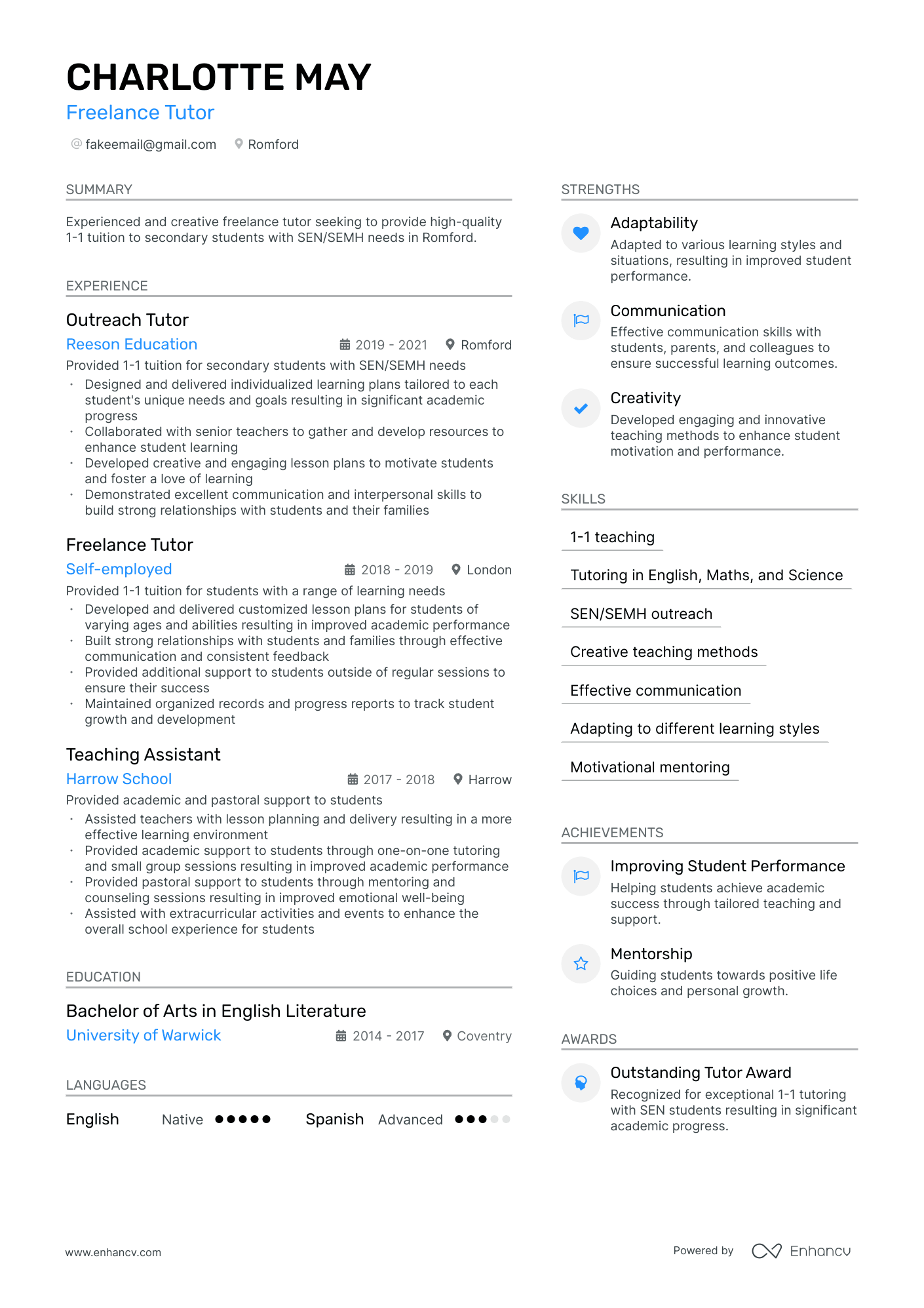A resume example of a Freelance Tutor