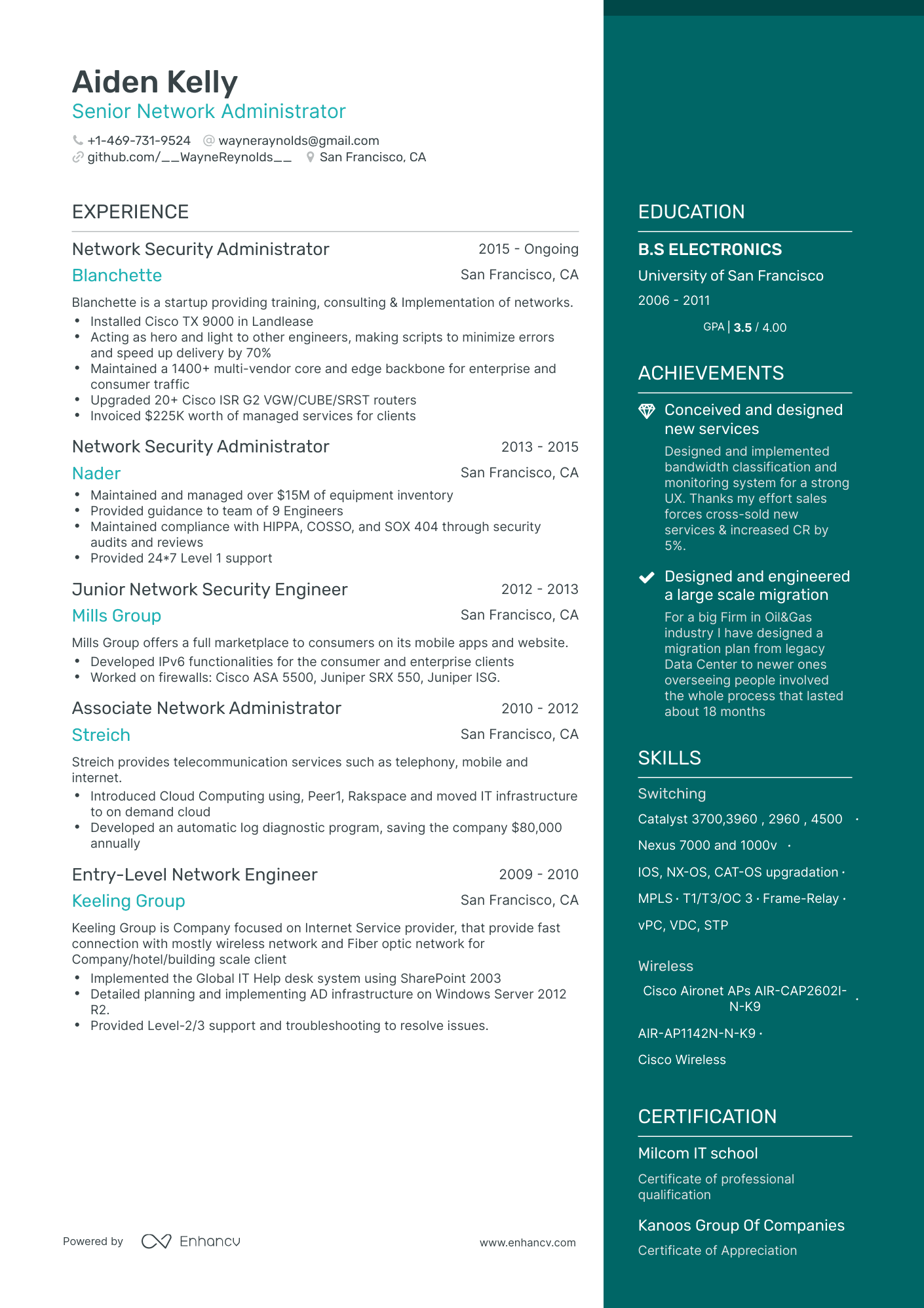 One Page Network Administrator Resume Template