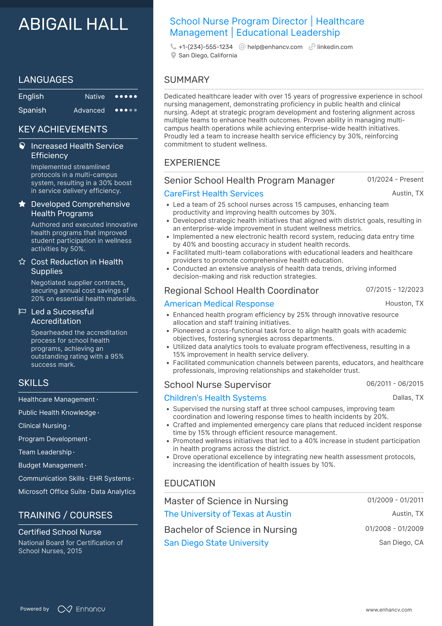 A resume example of a School Nurse Program Director