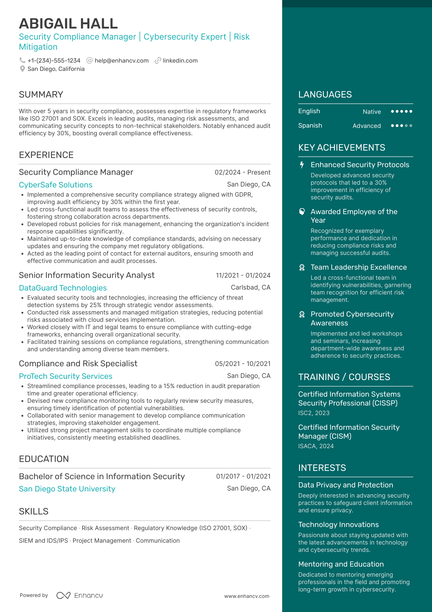 A resume example of a Security Compliance Manager