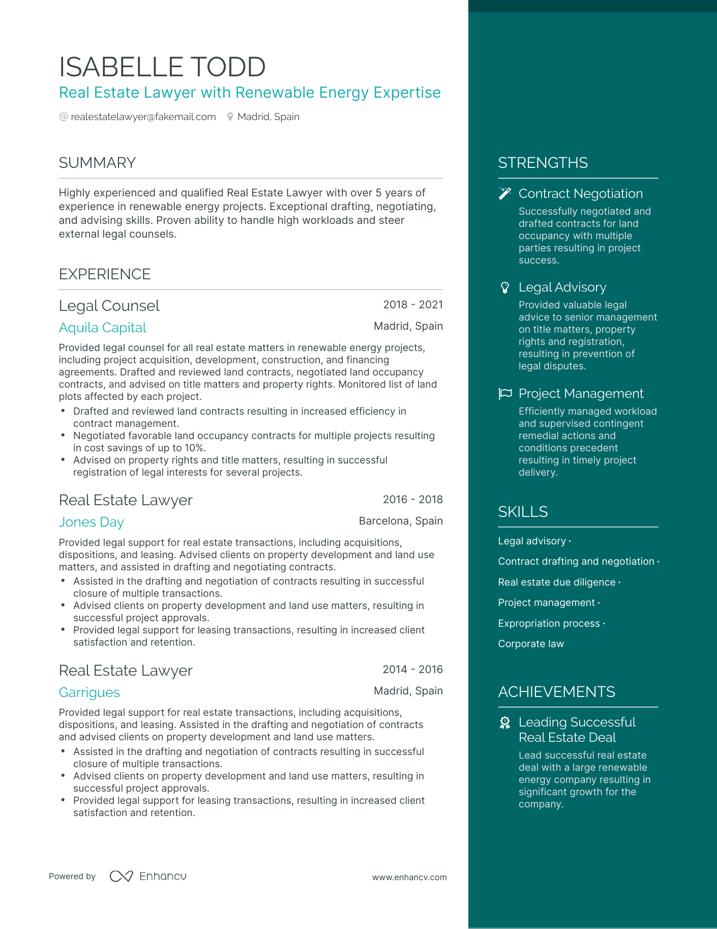 One Page Real Estate Lawyer Resume Template